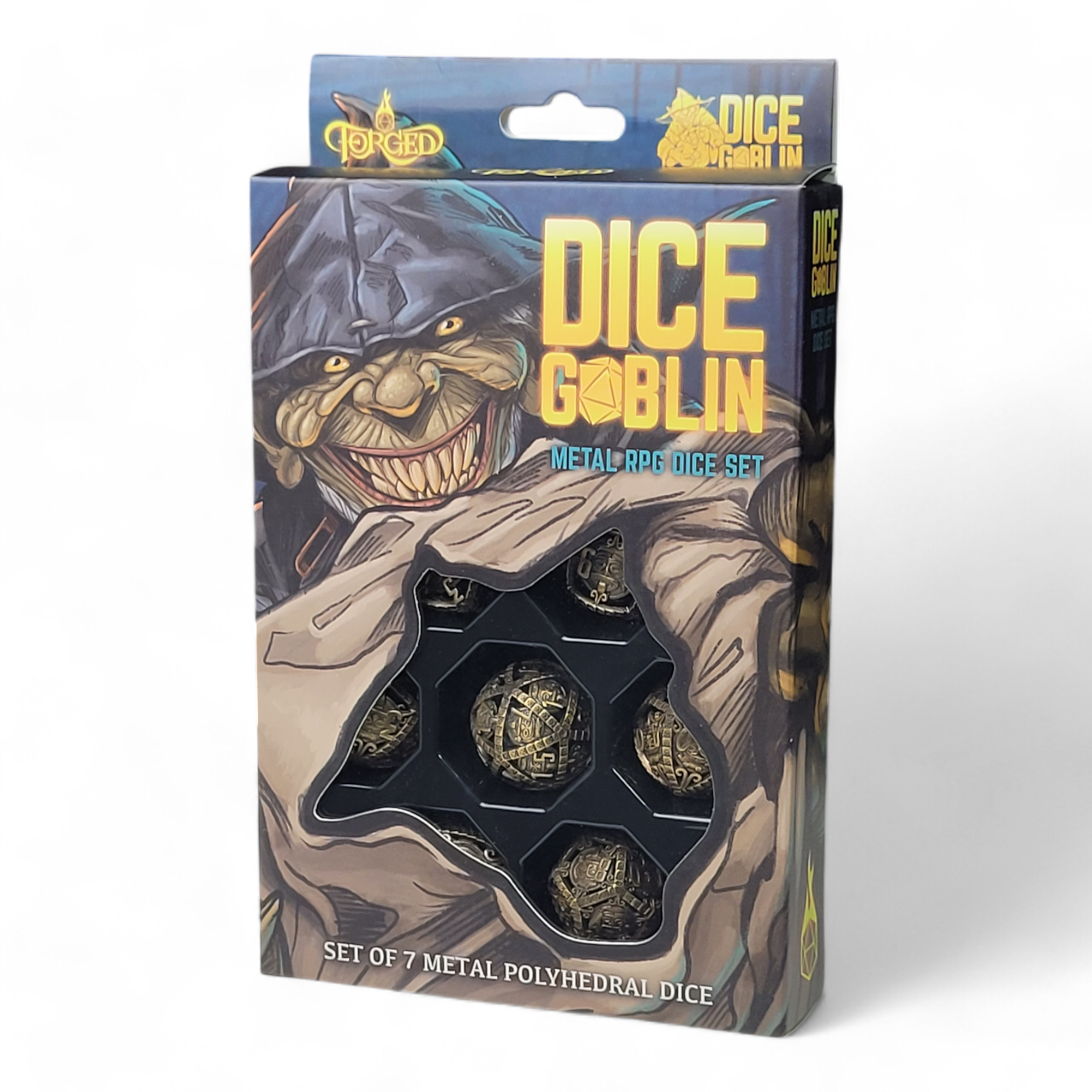 This image shows the Dice Goblin Temple of Whispers Weathered Gold Metal RPG Dice Set in its retail packaging.