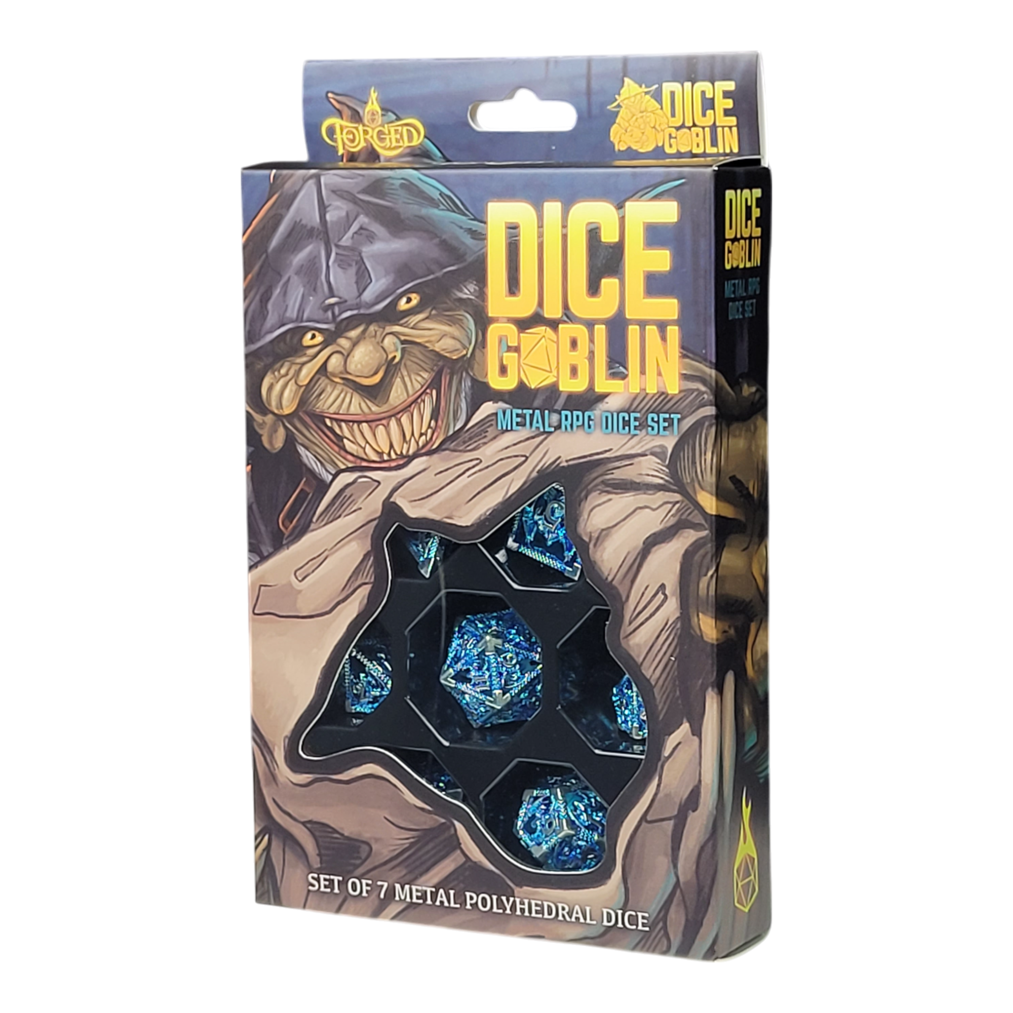 This is an environmental image of the Dice Goblin Dragon Rampant Silver Blue Hollow Metal RPG Dice Set in its retail packaging.