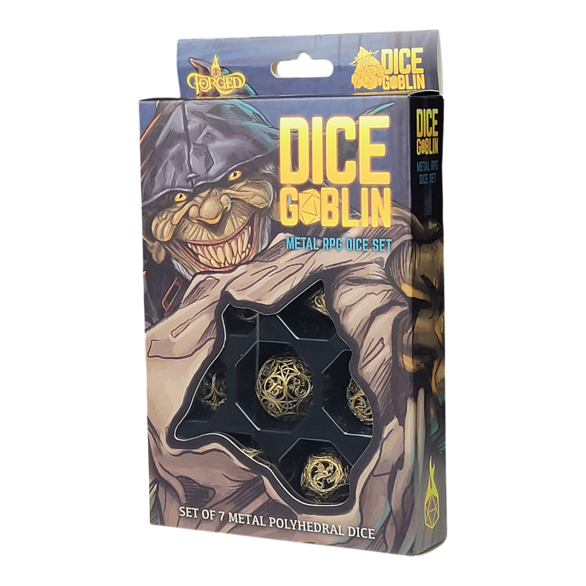 This is a white background image of the Dice Goblin Dragon's Round Weathered Gold Metal RPG Dice Set in its retail packaging.