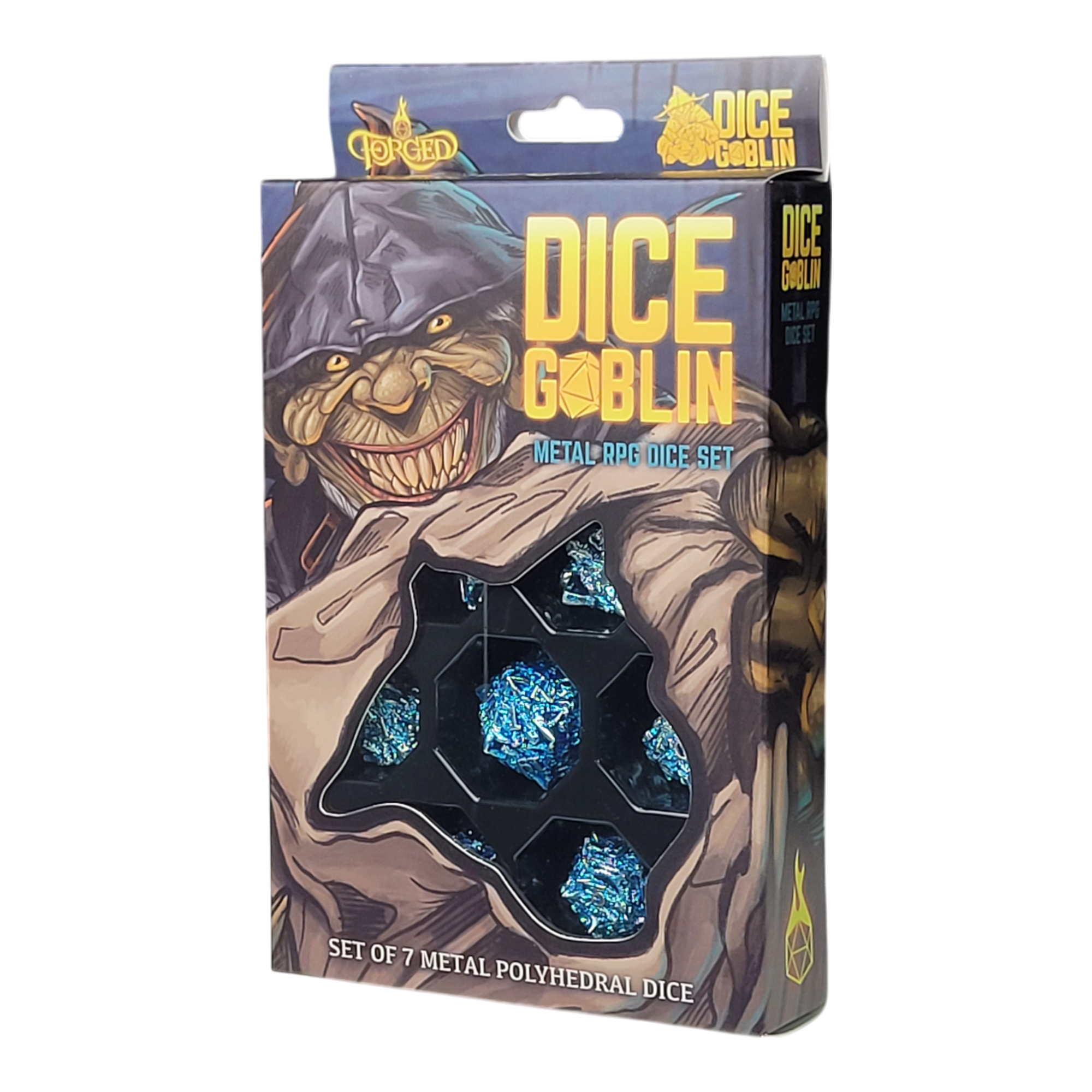 This is a white background image of the Dice Goblin Dragon's Head Silver with Blue Wash Hollow Metal RPG Dice set in its retail packaging.
