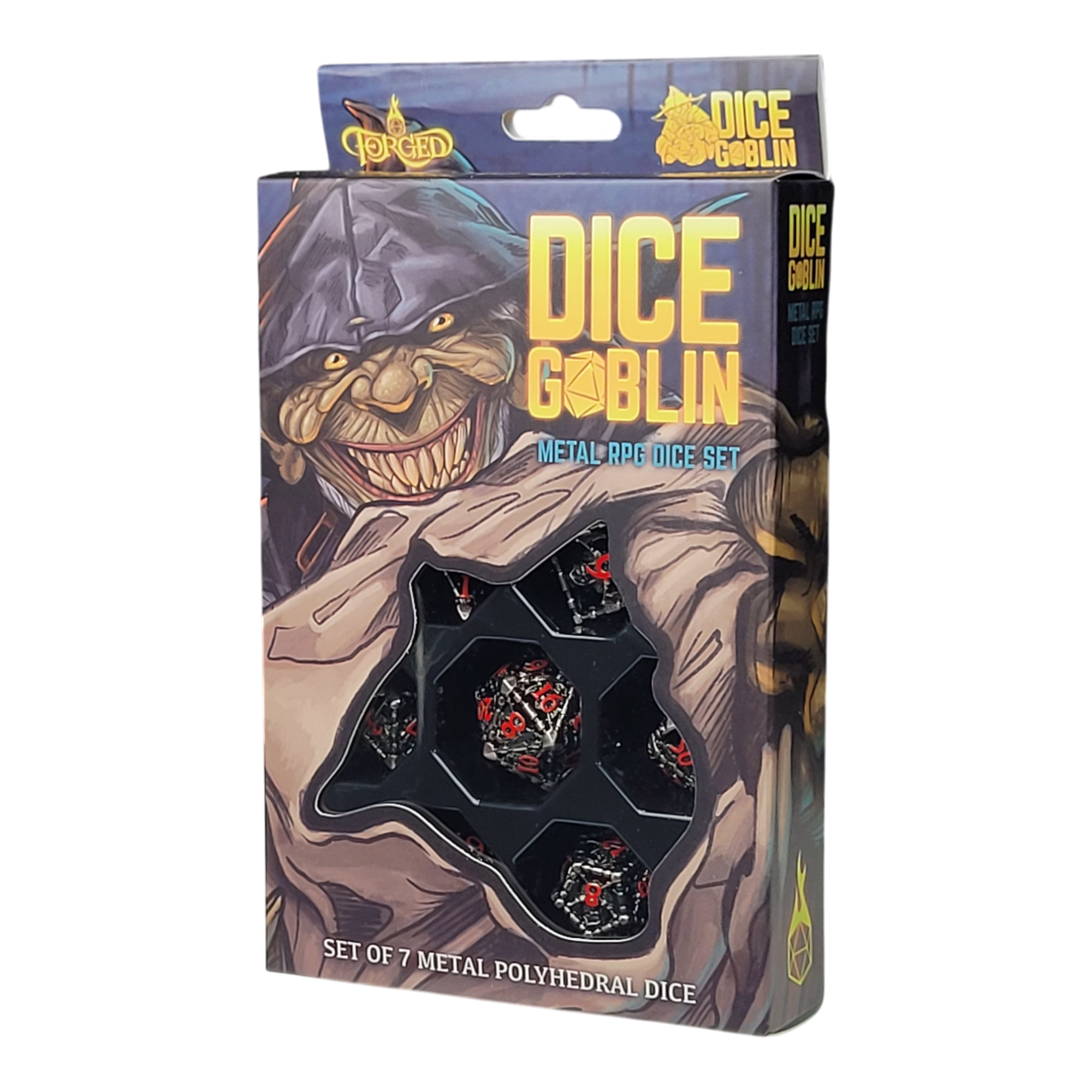 This is a white background image of the Dice Goblin Reaper's Confine Silver with Red Hollow Metal RPG Dice Set in its retail packaging.
