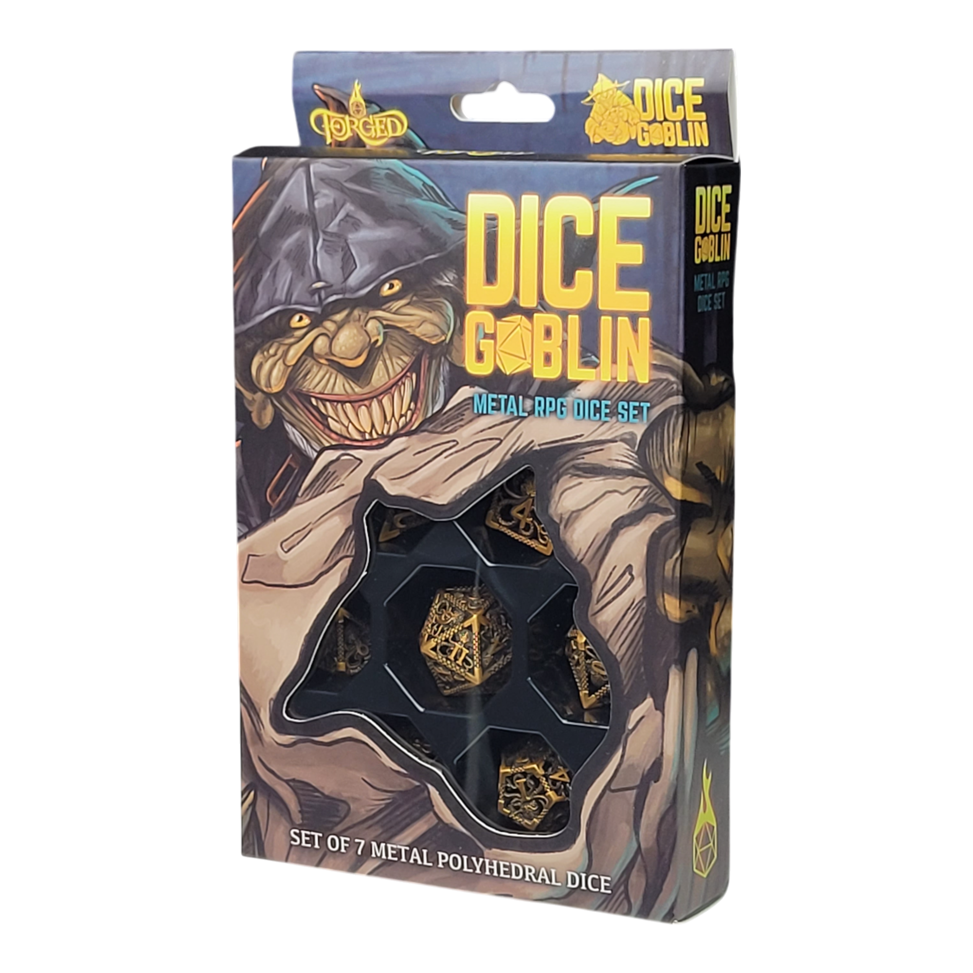 This is a white background image of the Dice Goblin Deep Dreamer Weathered Bronze Metal Dice Set in its retail packaging.