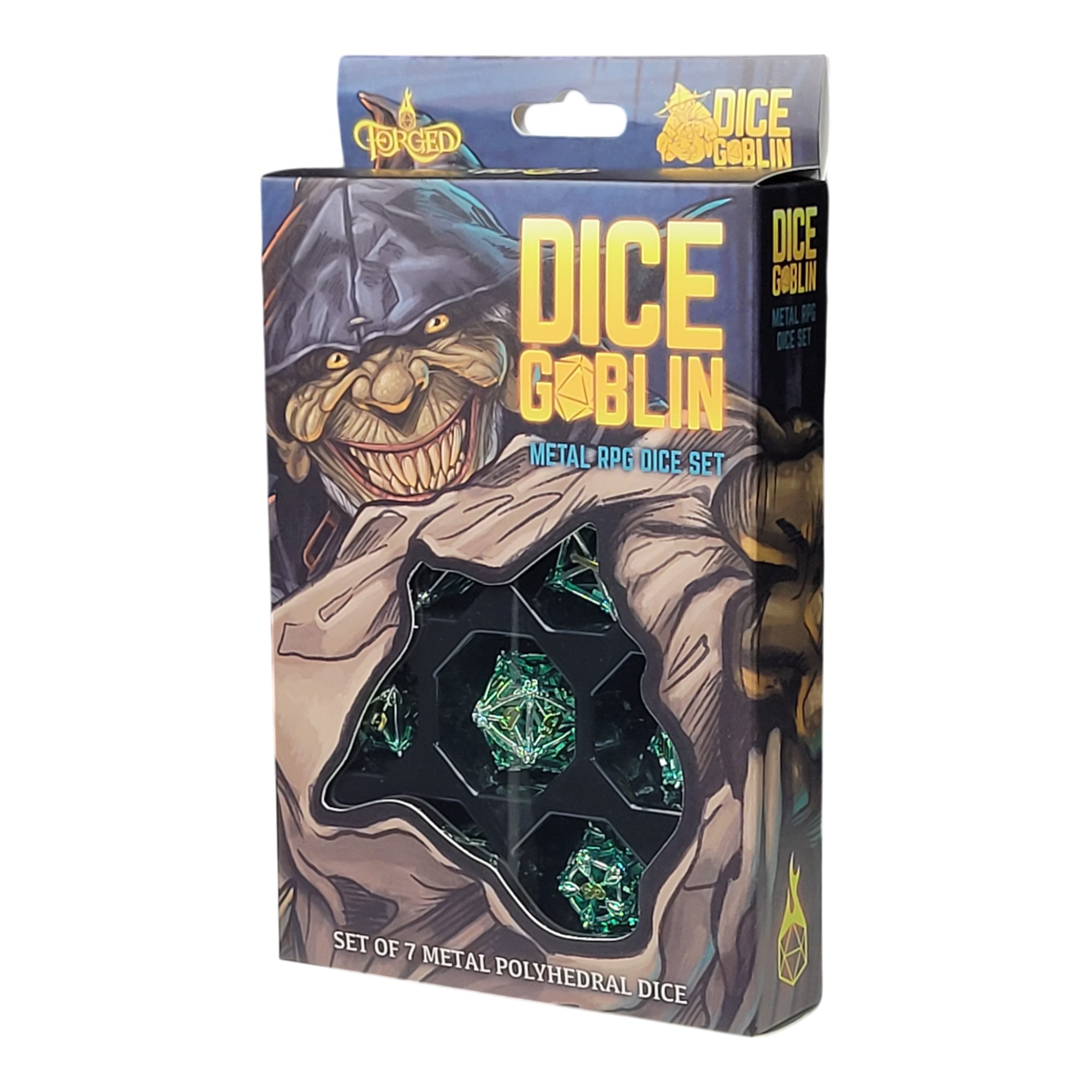This is a white background image of the Dice Goblin Flower Petals Silver with Green Wash Hollow Metal RPG Dice Set in its retail packaging.