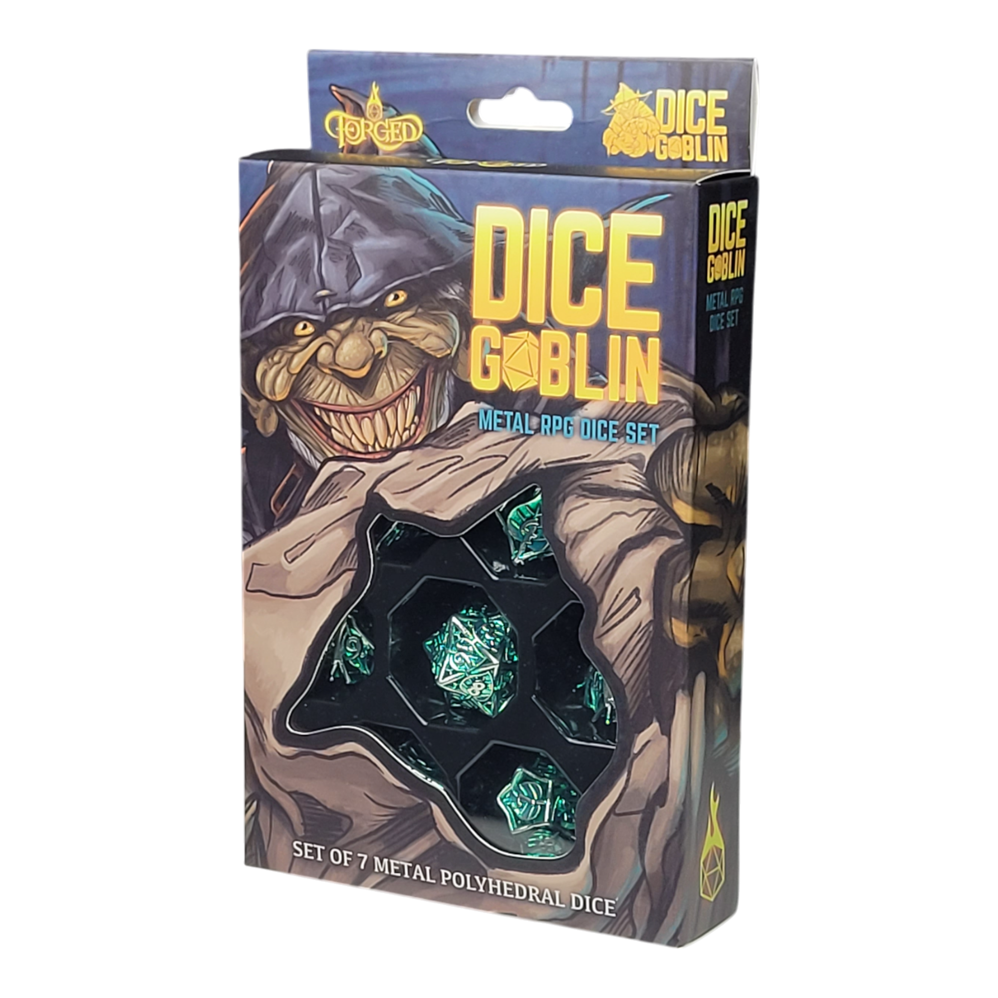 This is a white background image of the Dice Goblin Leaves Silver and Green Hollow Metal RPG Dice Set in its retail packaging.