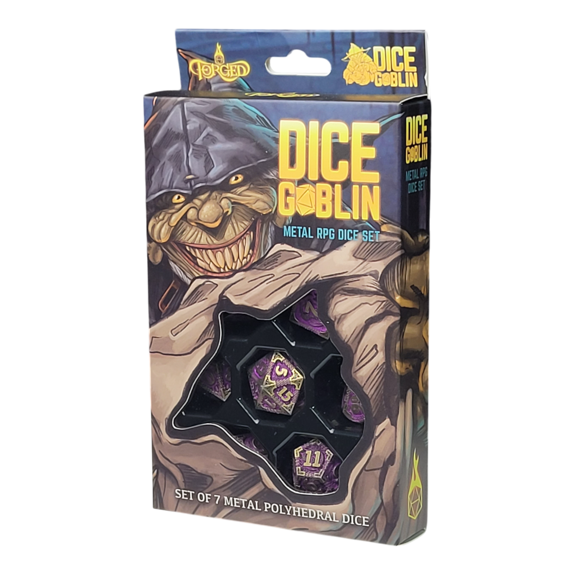 This is an environmental image of the Dice Goblin Dragon's Breath Weathered Gold and Purple Metal RPG Dice Set in its retail packaging.