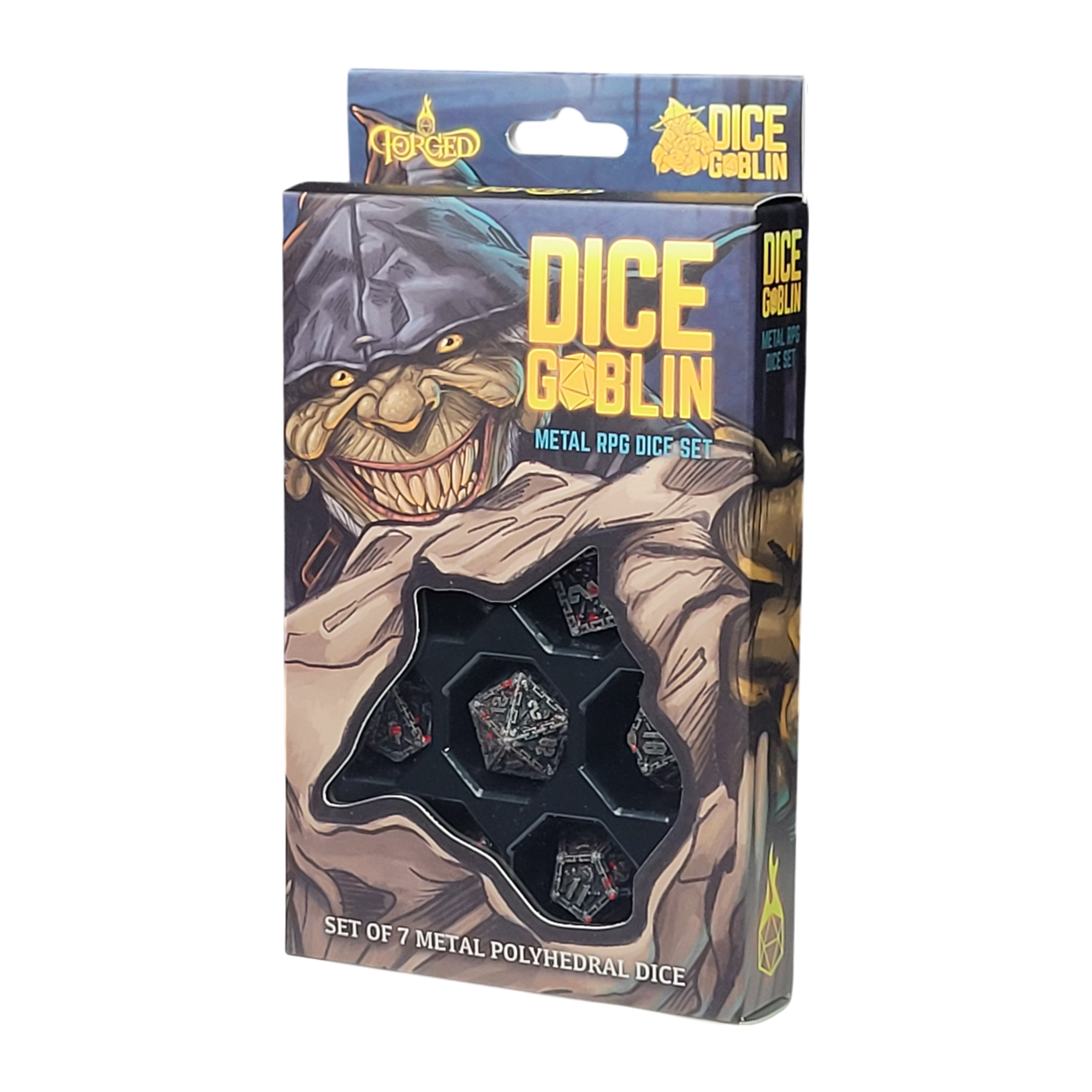 This is a white  background image of the Dice Goblin Reaper Weathered Silver with Blood Splatter Metal RPG Dice Set in its retail packaging.