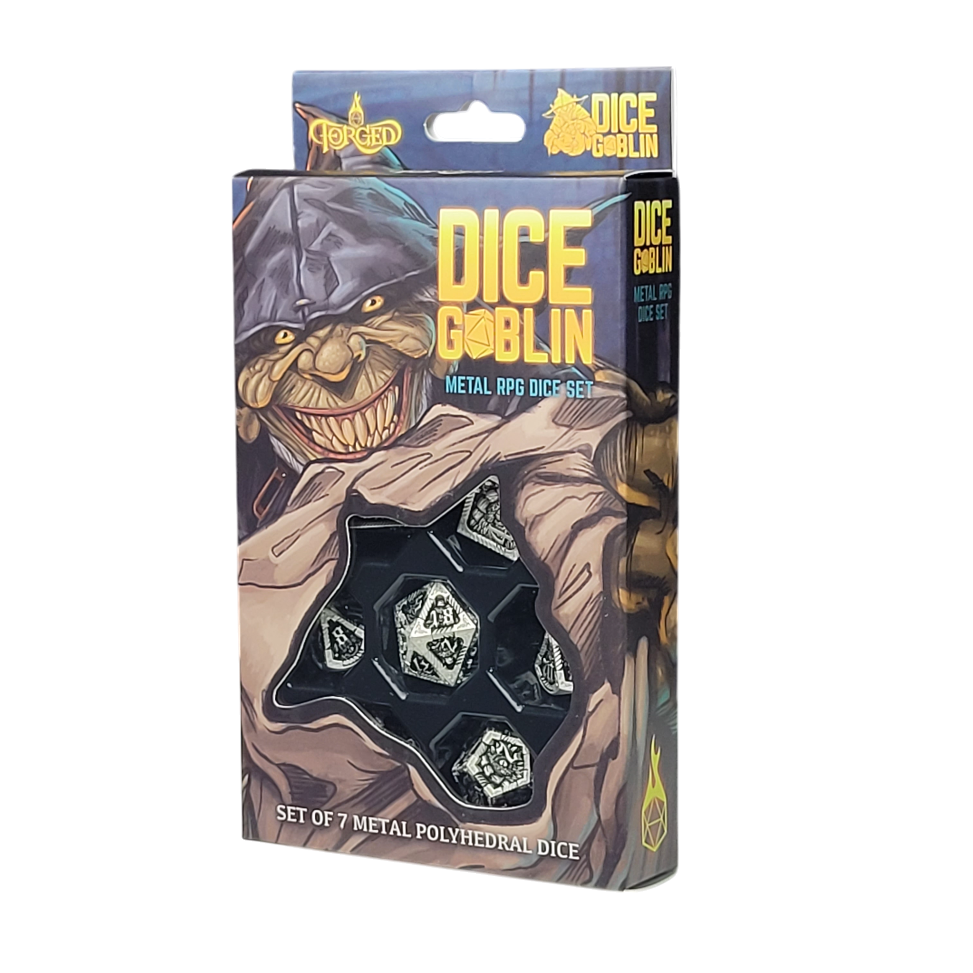 This is a white background image of the Dice Goblin Dragon's Eye Dark Washed Metal RPG Dice Set in its retail packaging.