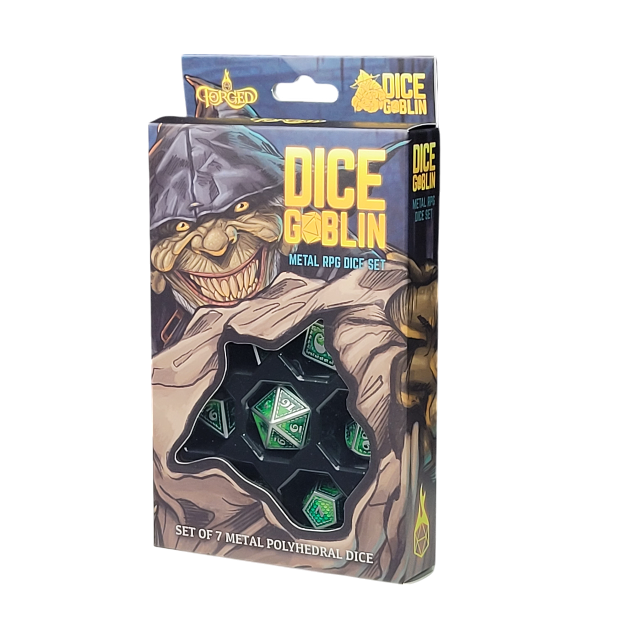 This is a white background image of the Dice Goblin Silver and Two-Tone Metallic Green Metal  RPG Dice Set in its retail packaging.