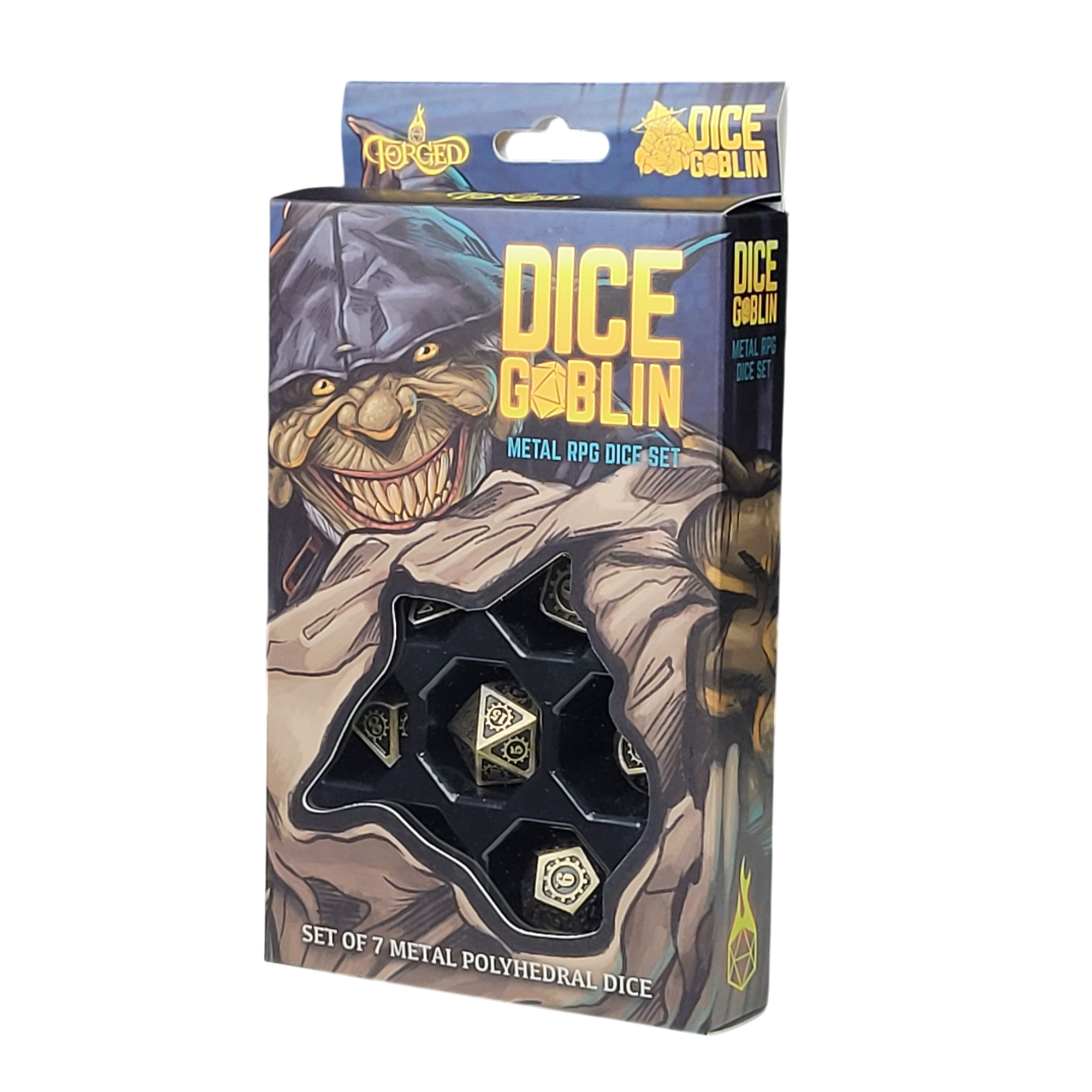 This is a white background image of the Dice Goblin Gears Weathered Gold Metal RPG Dice Set in its retail packaging.