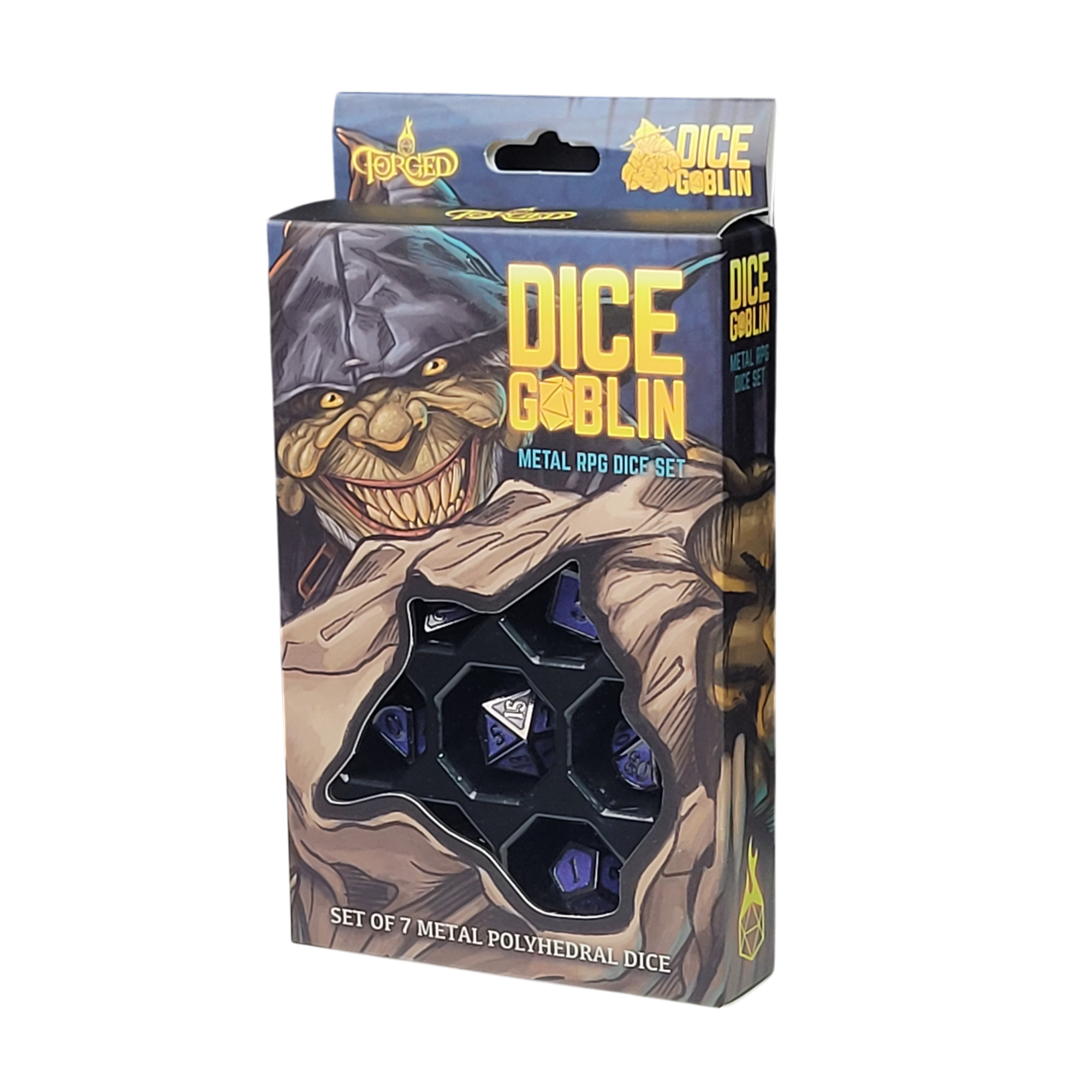 This is a white background image of the Dice Goblin Frame Black with Blue Glitter Metal RPG Dice Set in its retail packaging.