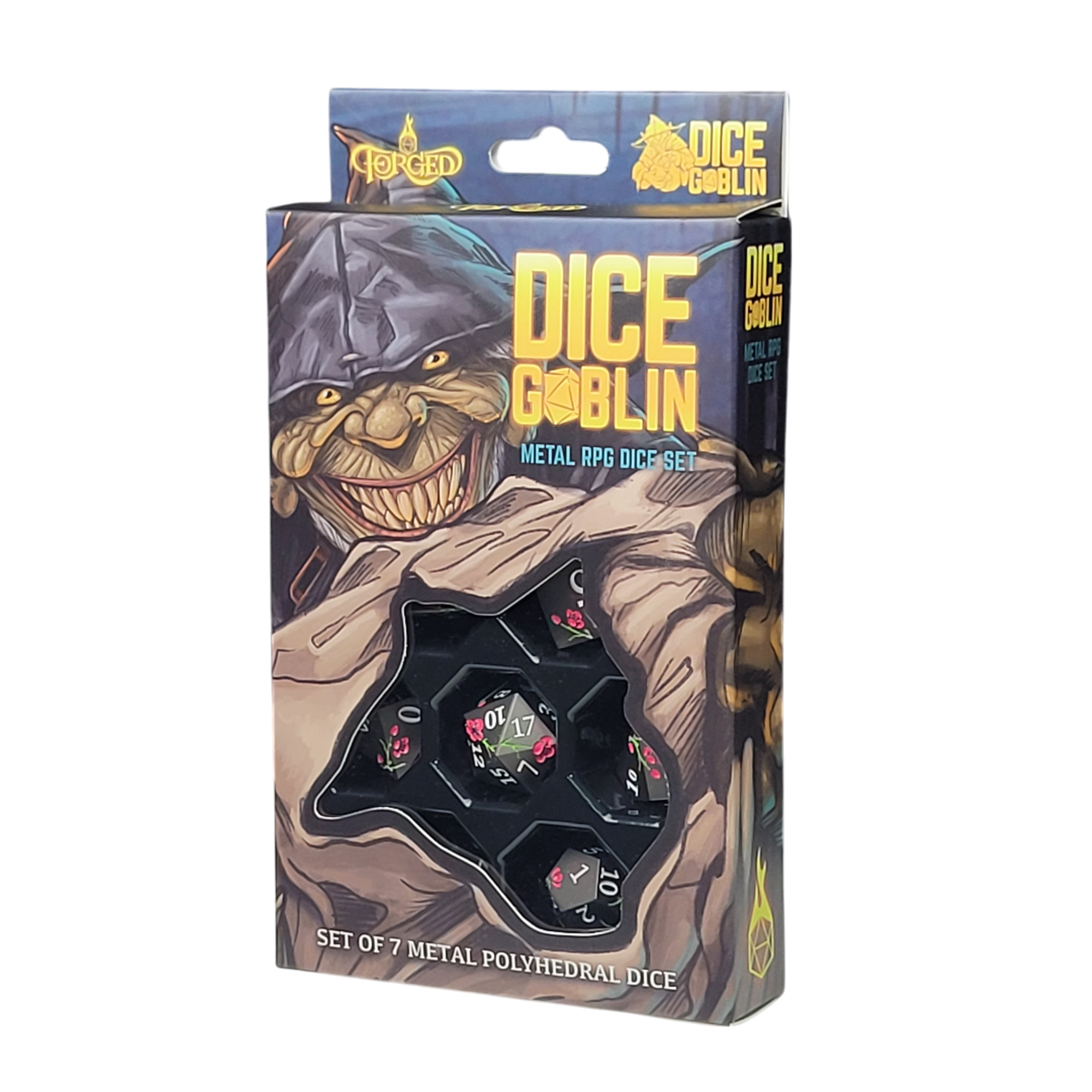 This is a white background image of the Dice Goblin Flowers Black with Pink and Green Metal RPG Dice Set in its retail packaging.