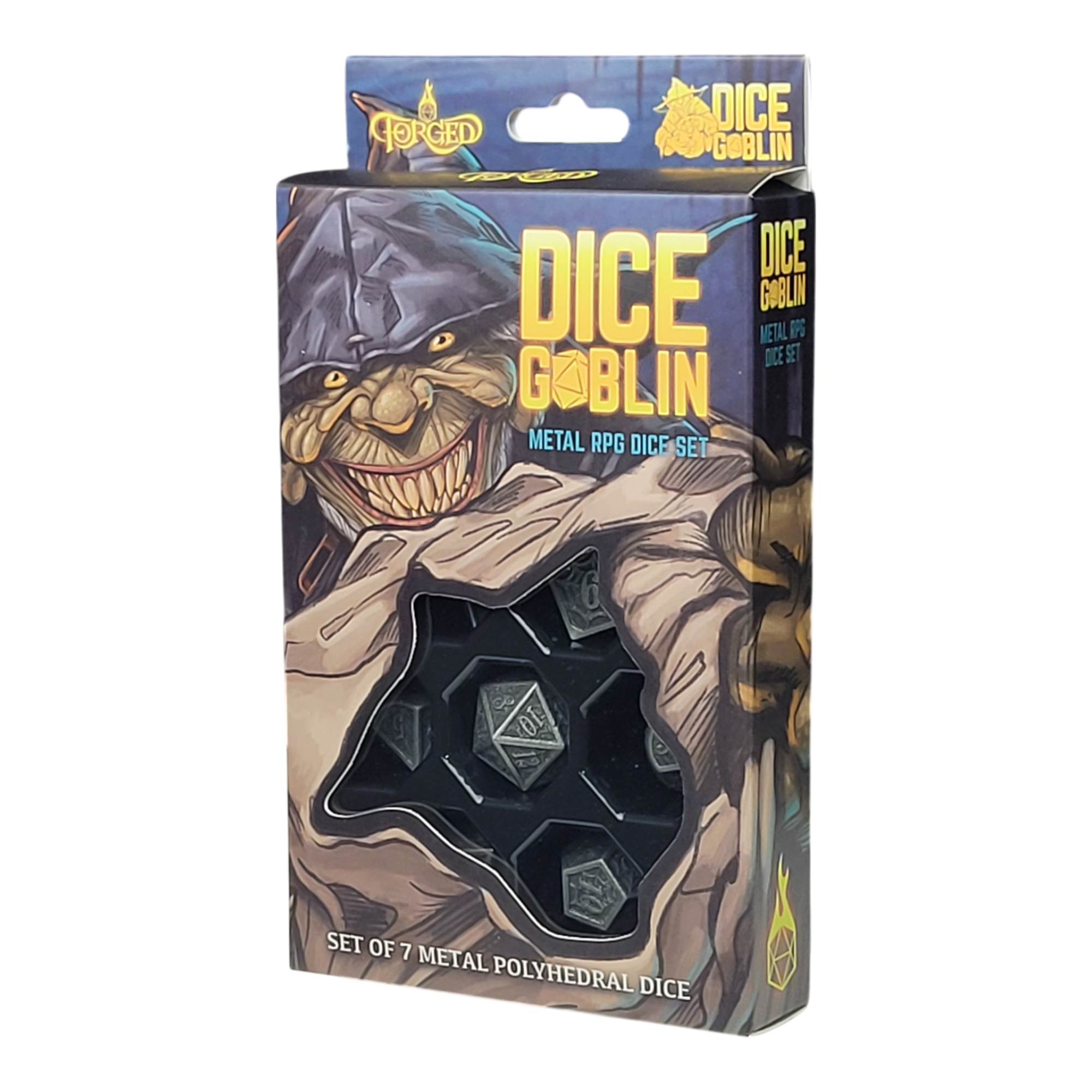 This is a white background image of the Dice Goblin Webs Weathered Silver Metal RPG Dice in its retail packaging.