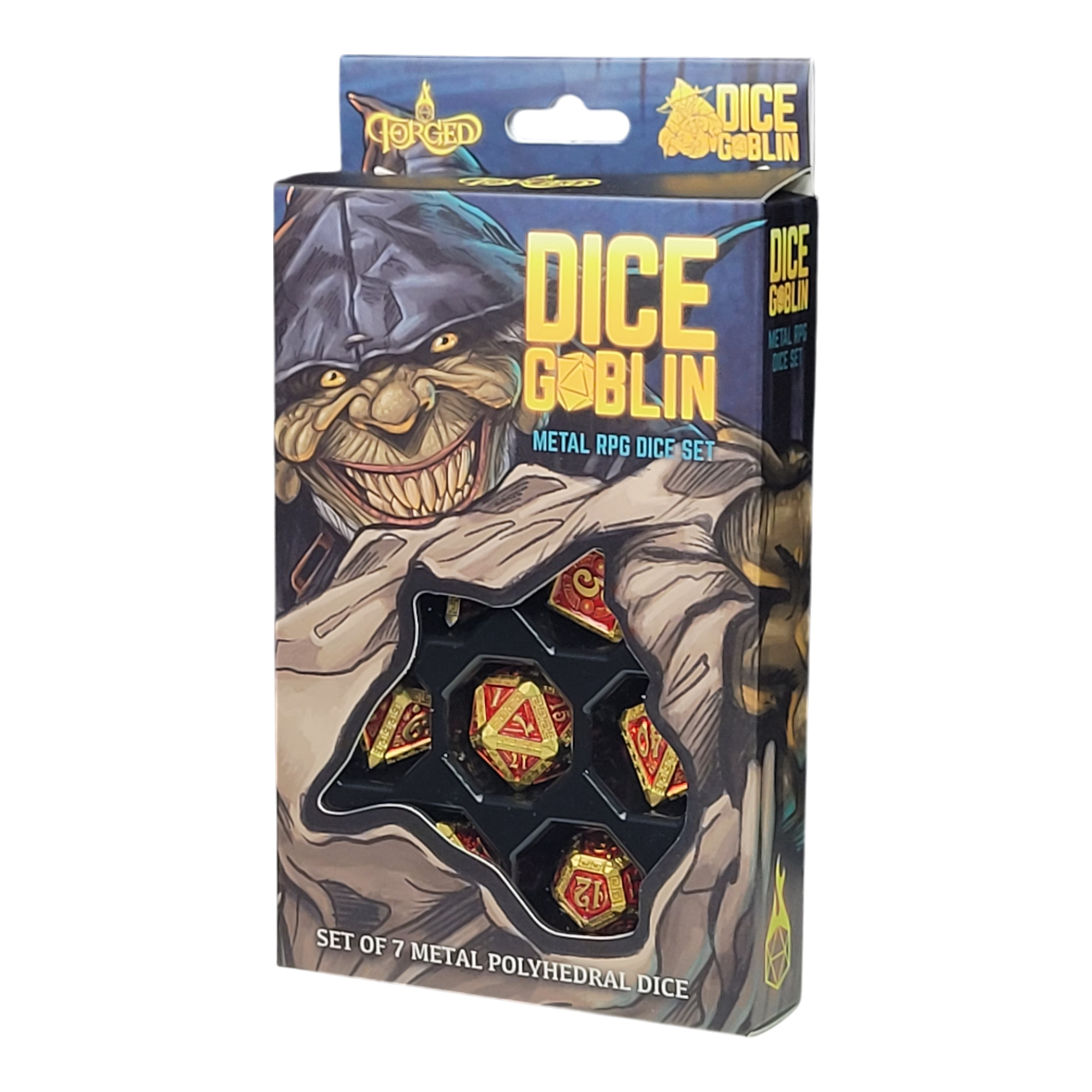 This is a white background image of the Dice Goblin Greek Key Gold Red Metal RPG Dice Set in its retail packaging.