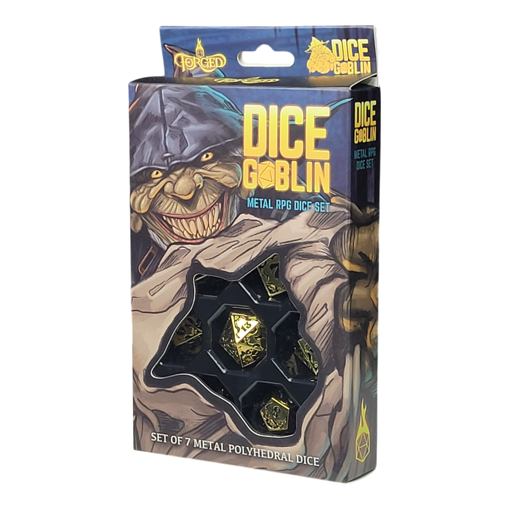 This is an environmental image of the Dice Goblin Devouring Mystery Gold and Black Metal RPG Dice in its retail packaging.