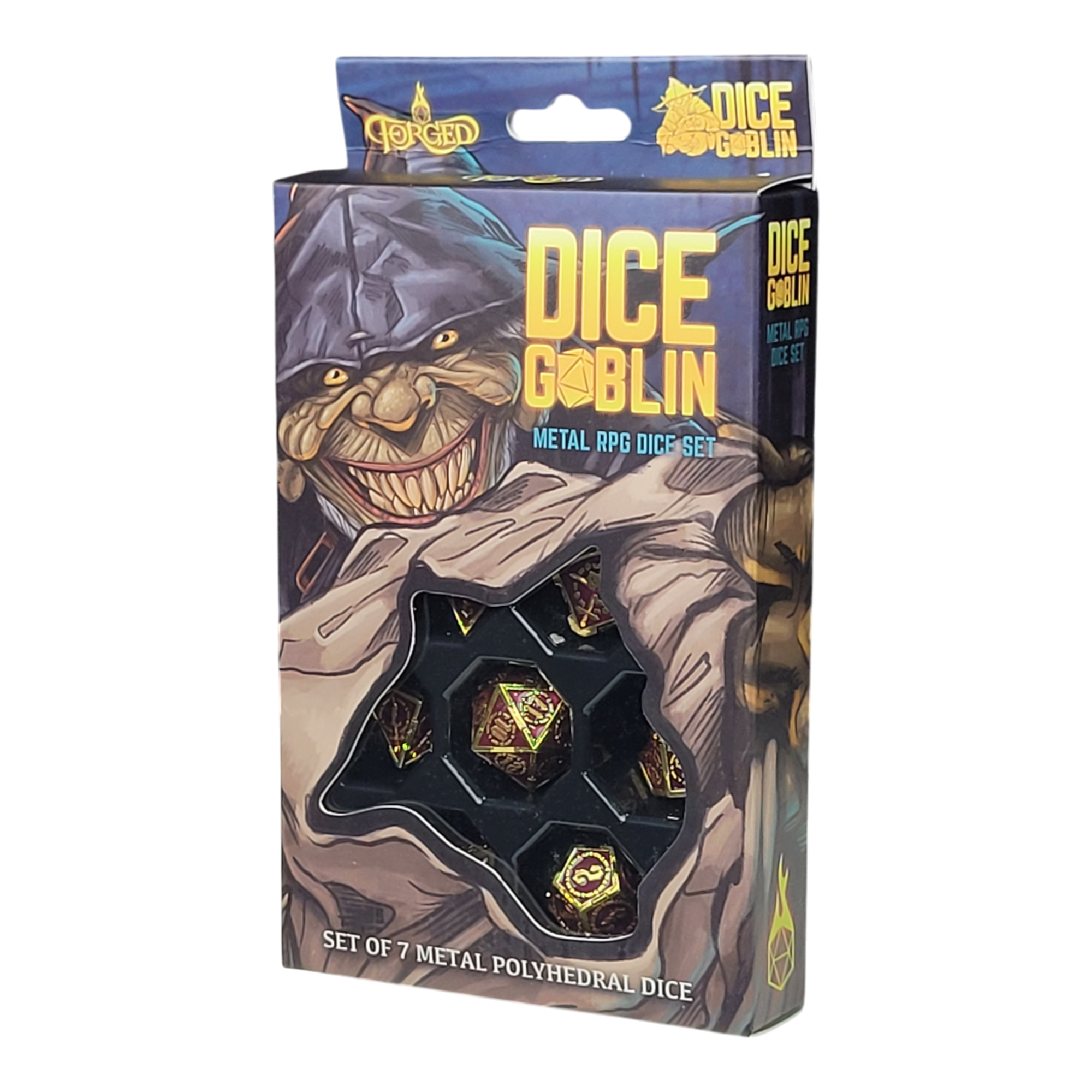 This is a white background image of the Dice Goblin Swords Gold with Red Metal RPG Dice Set in its retail packaging.