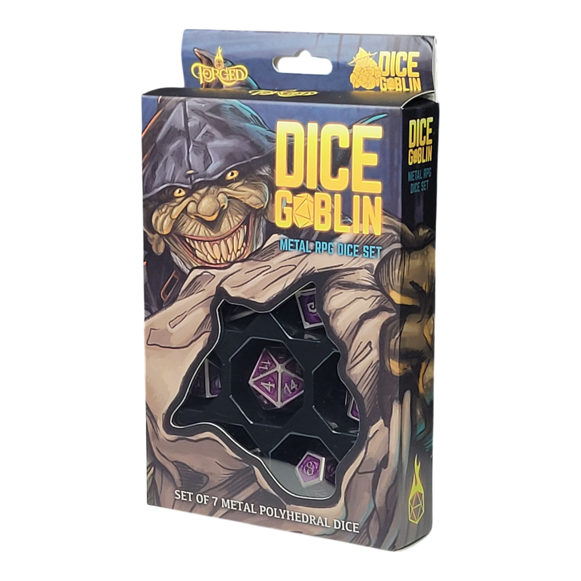 This is a white background image of the Dice Goblin Eyes Silver with Foiled Purple Metal RPG Dice Set in its retail packaging.