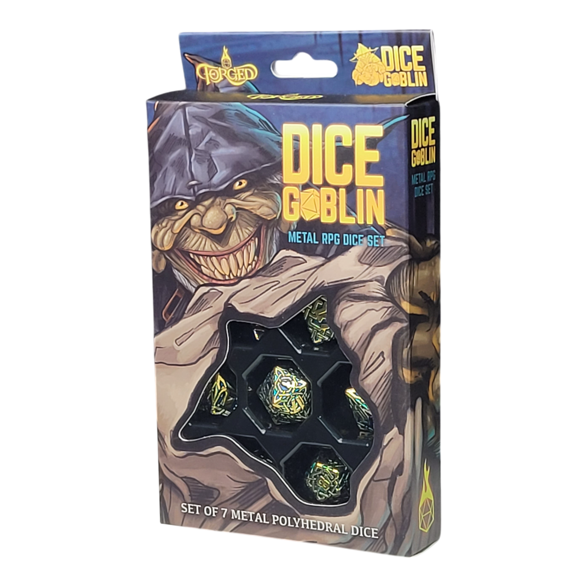 This is a white background image of the Dice Goblin Knots Gold and Blue Metal RPG Dice Set in its retail packaging.