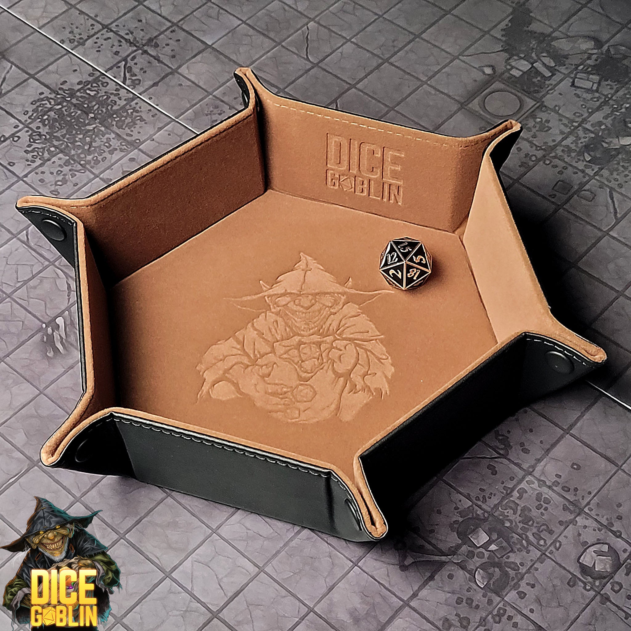 This is an environmental image of the Brown colored Dice Goblin Hexagon folding Snap Dice Tray with a dungeon encounter map as a background.