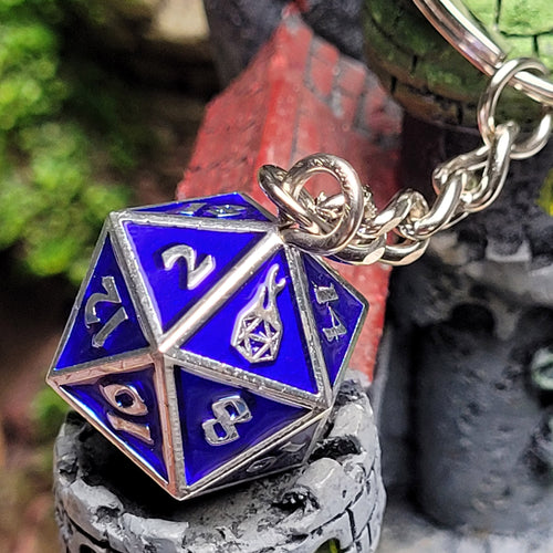 Fob of Fate D20 Keychain and Bag Charm - Guardian Silver with Blue Enamel