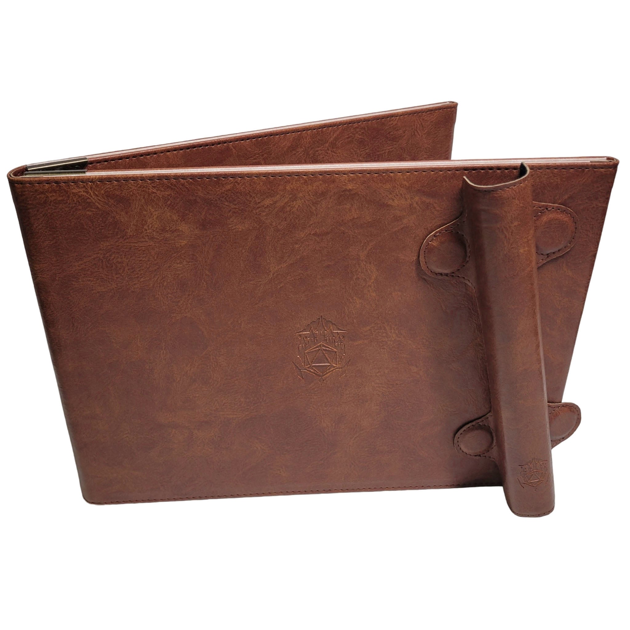 This is a white background image of the Brown Landscape version of the Ultimate Game Master Screen shown with the spine clasp attached as a dice tower.