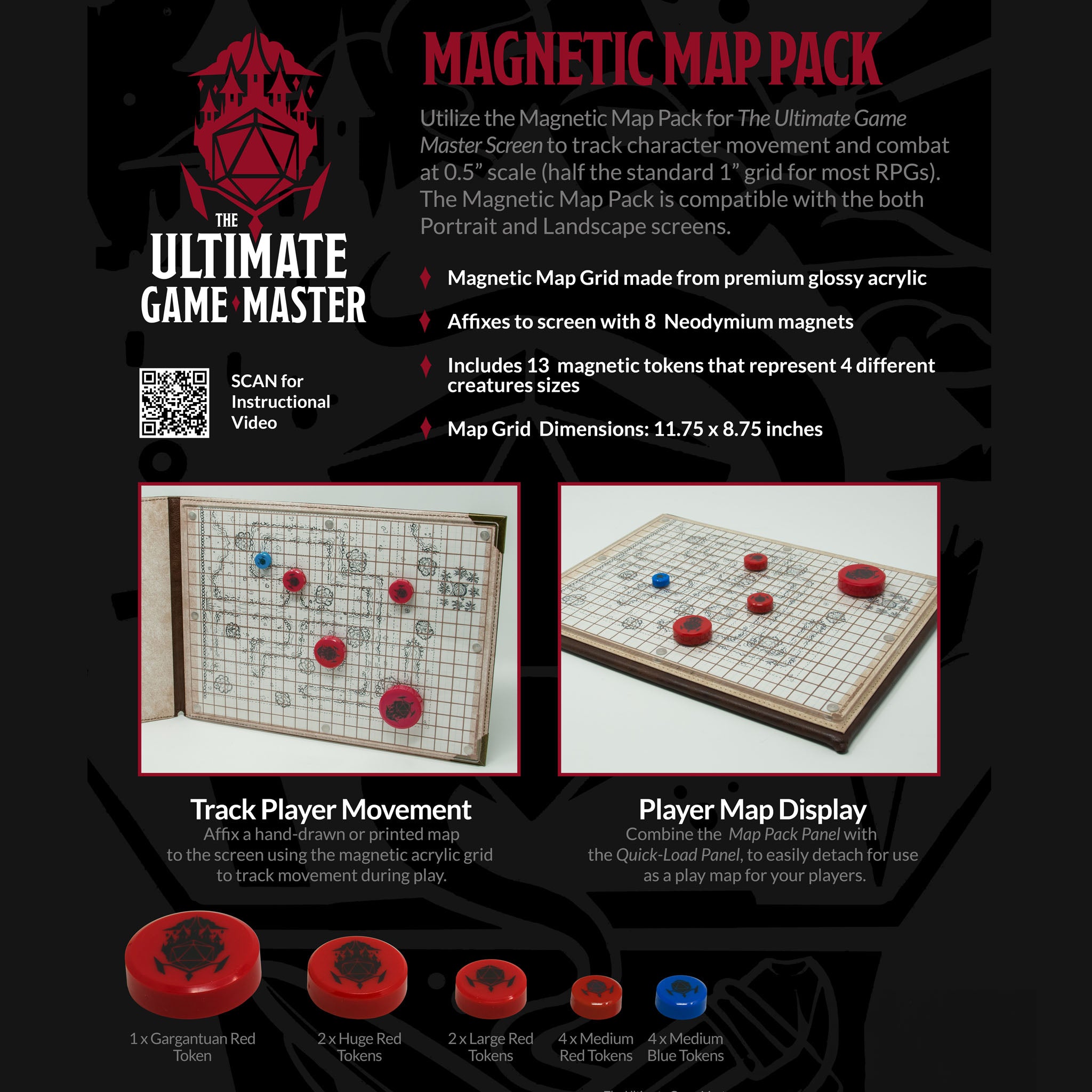 This is a graphic image of the Ultimate Game Master Screen Map Pack detailing its functionality and the included contents.