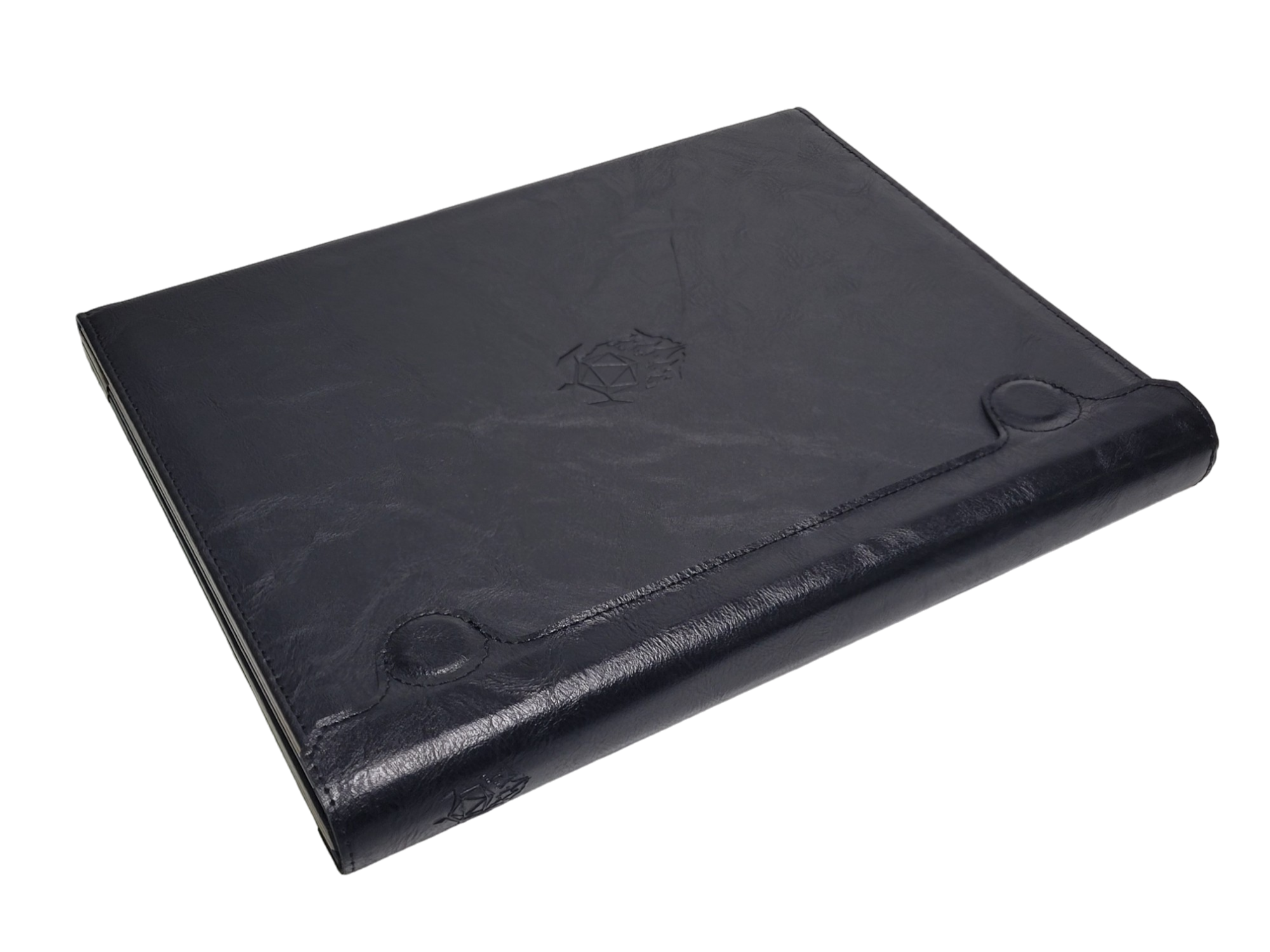 This is a white background image of  of the Portrait version of the Ultimate Game Master Screen laying flat with the spine clasp attached.