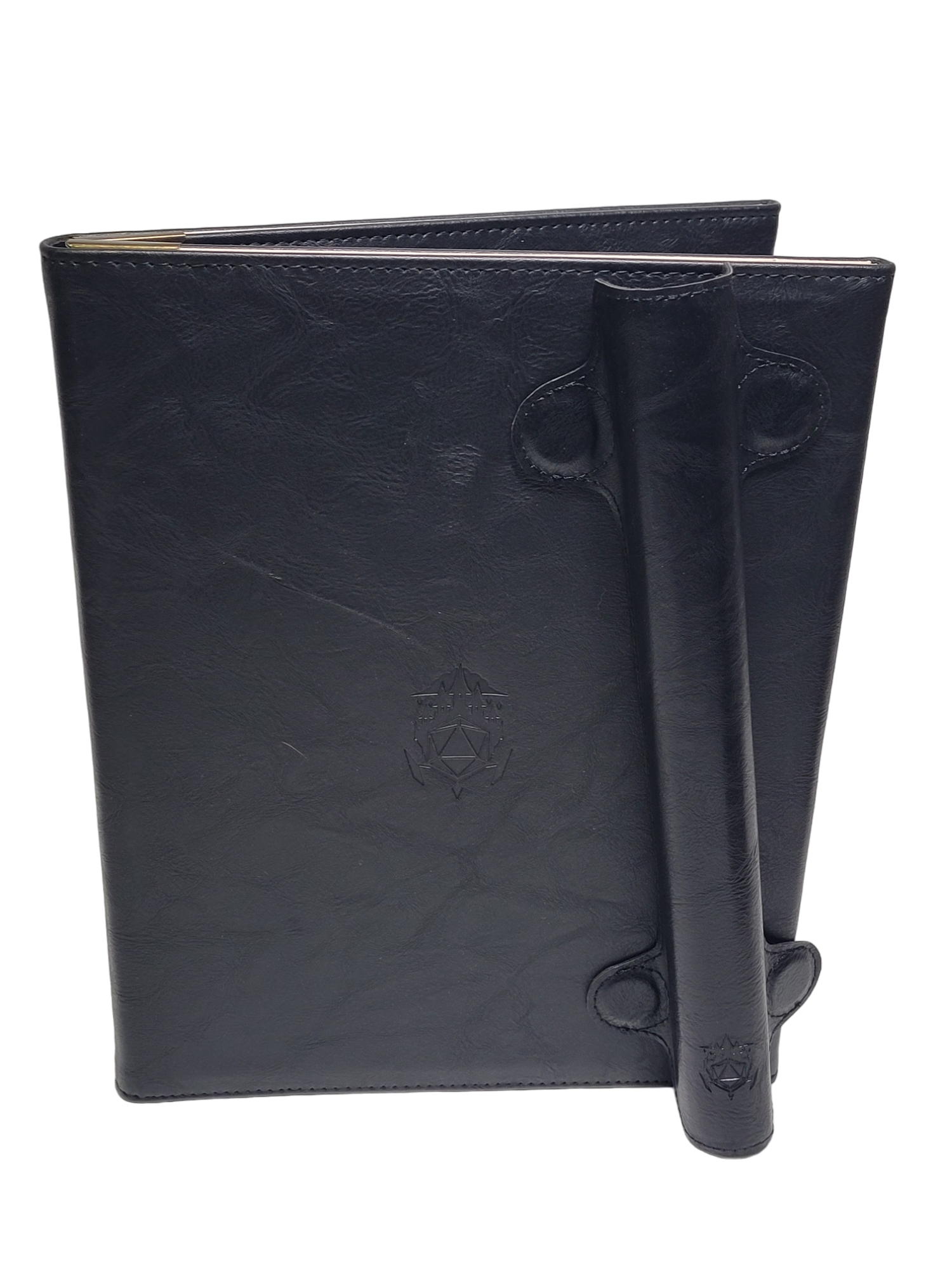 This is a white background image of the black version of the  of the Portrait  Ultimate Game Master Screen with the spine clasp attached as a dice tower.