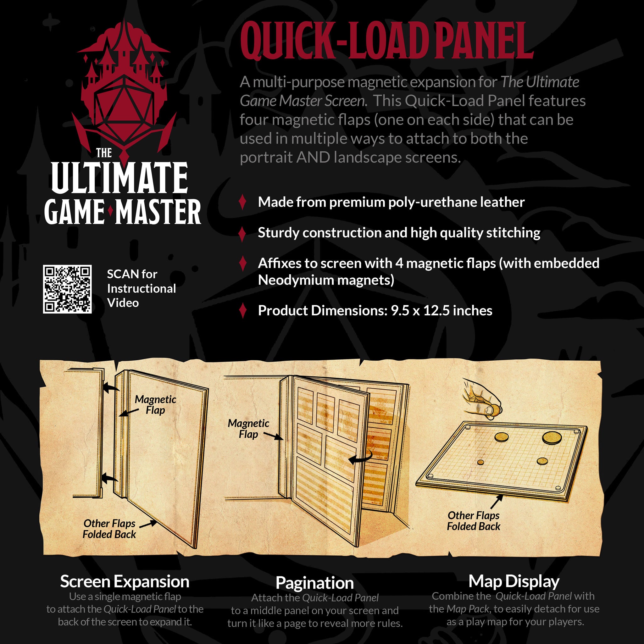 This is an informational graphic highlighting the products features of  the Ultimate Game Master Screen Quick-Load Panel.
