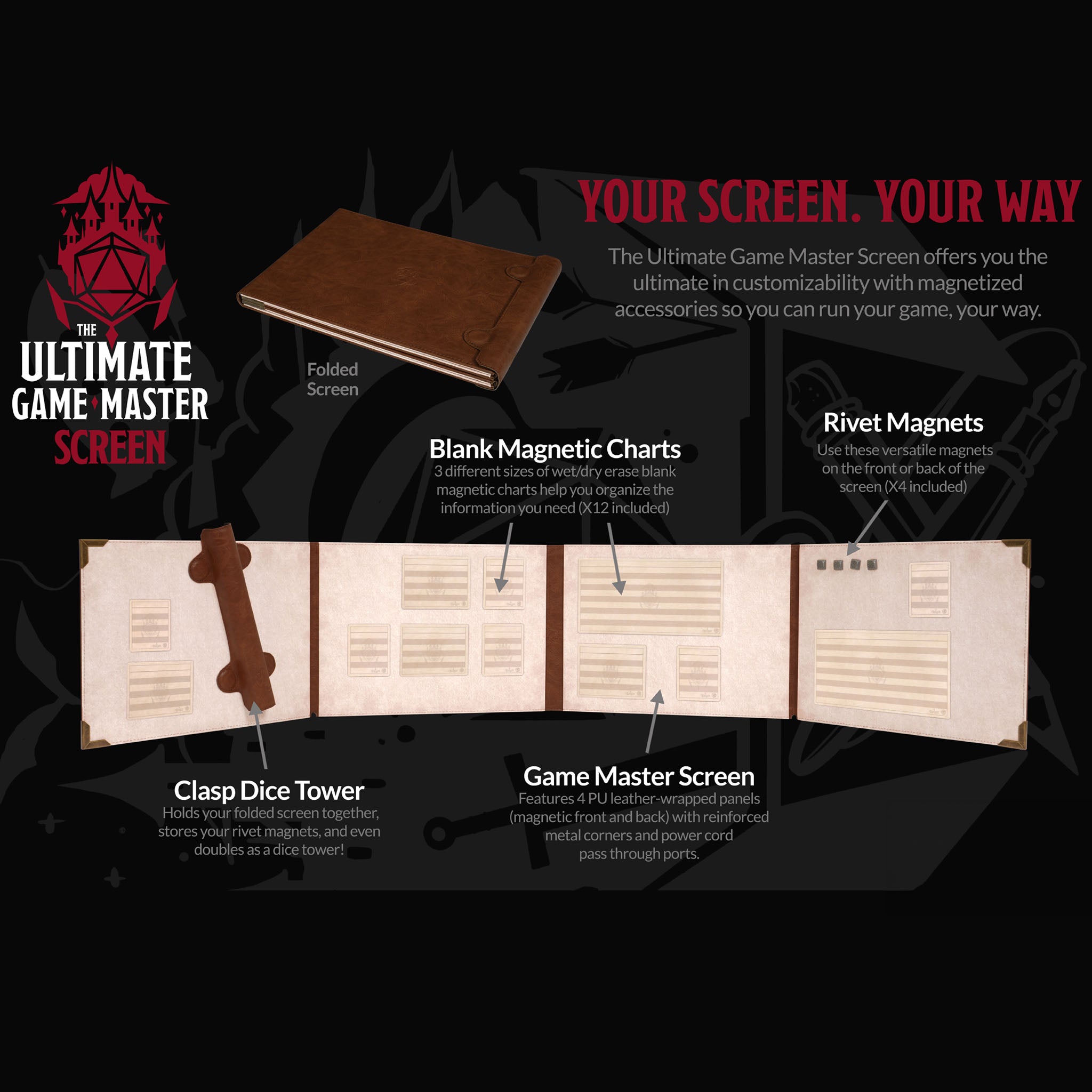 This is an informational graphic of the Brown Landscape version of the Ultimate Game Master Screen highlighting the product functionality and box contents.