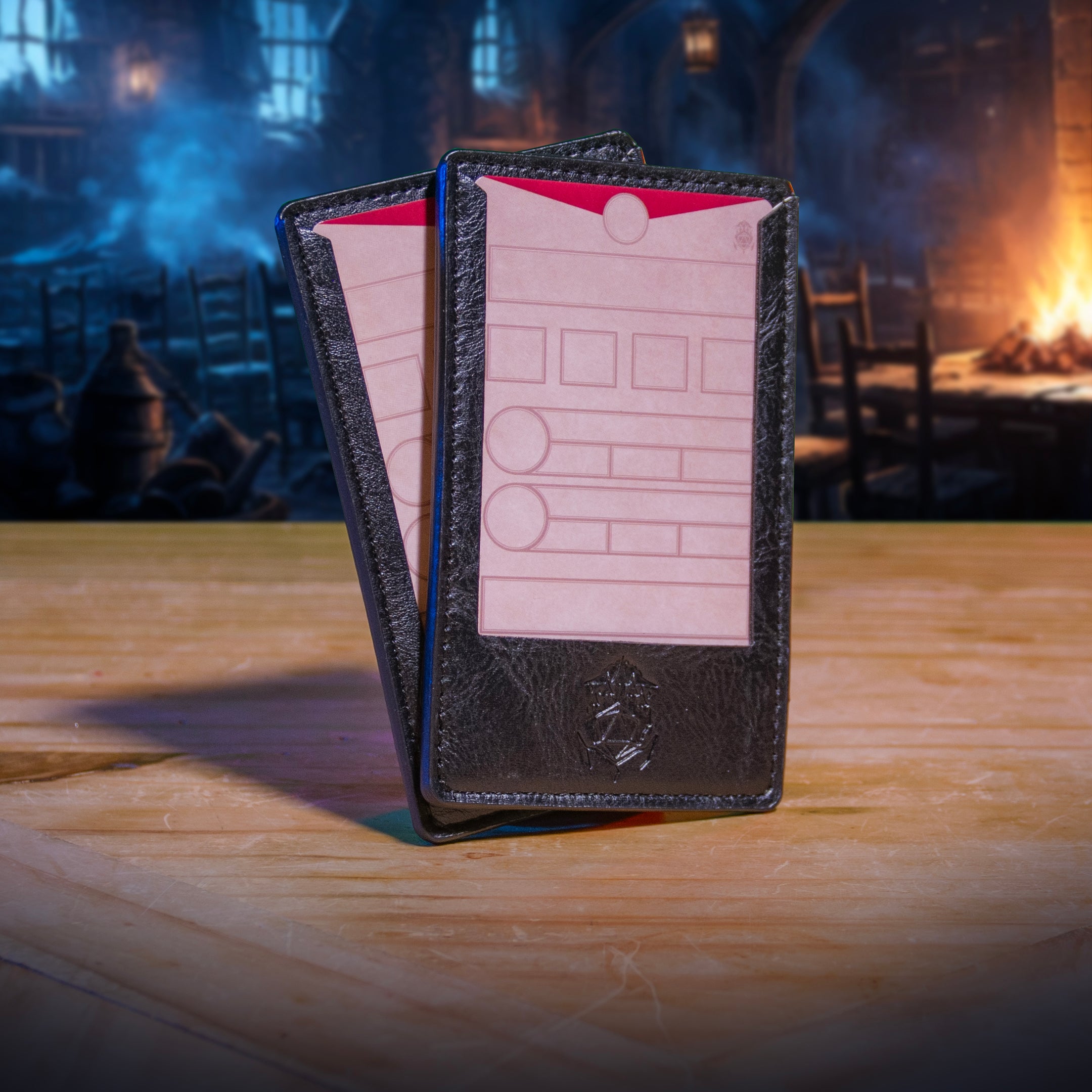 This is an environmental image of the black version of the Ultimate Game Master Screen Creature Tracker Set displayed on a table.