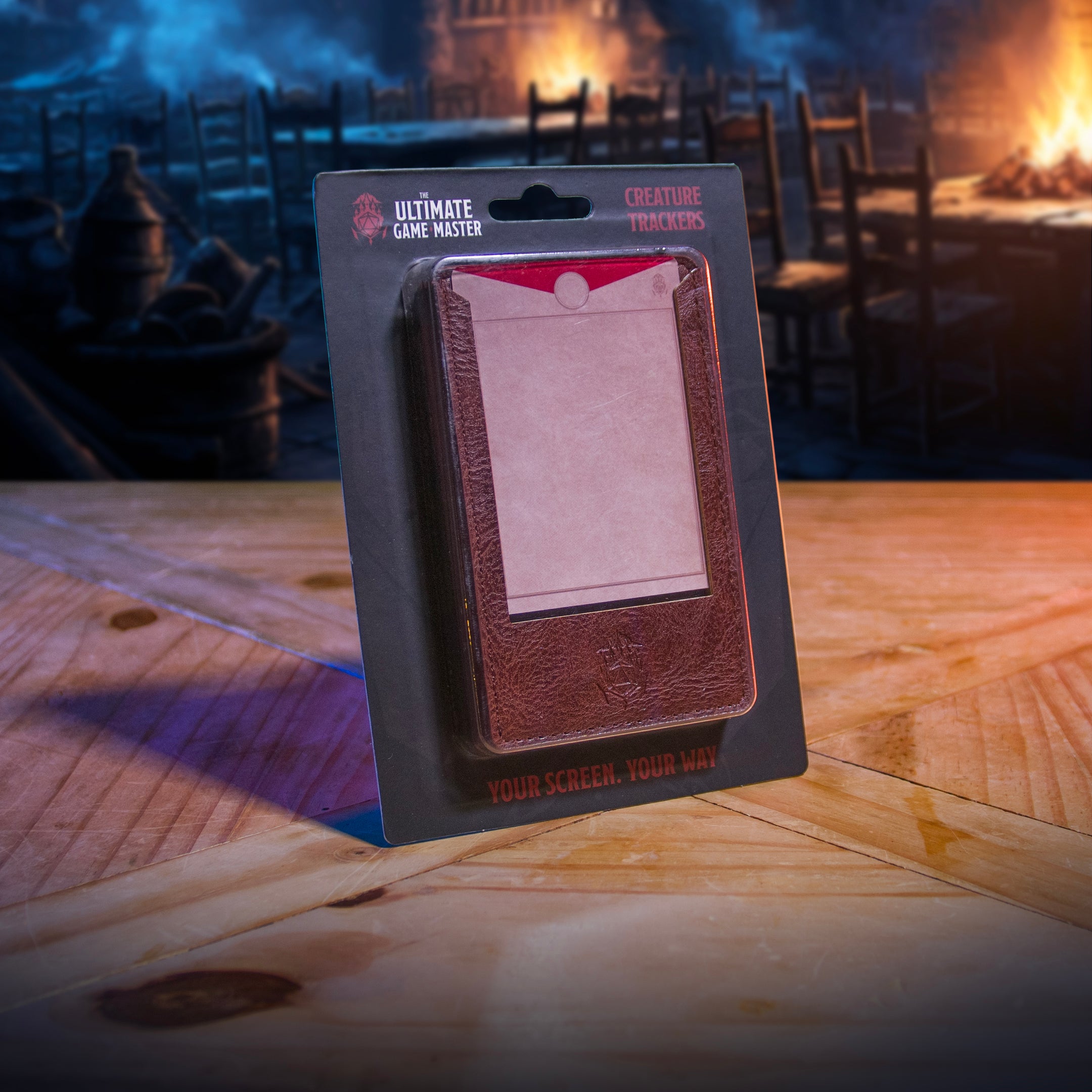 This is an environmental image of the Ultimate Game Master Screen Creature Tracker Set in retail packaging.