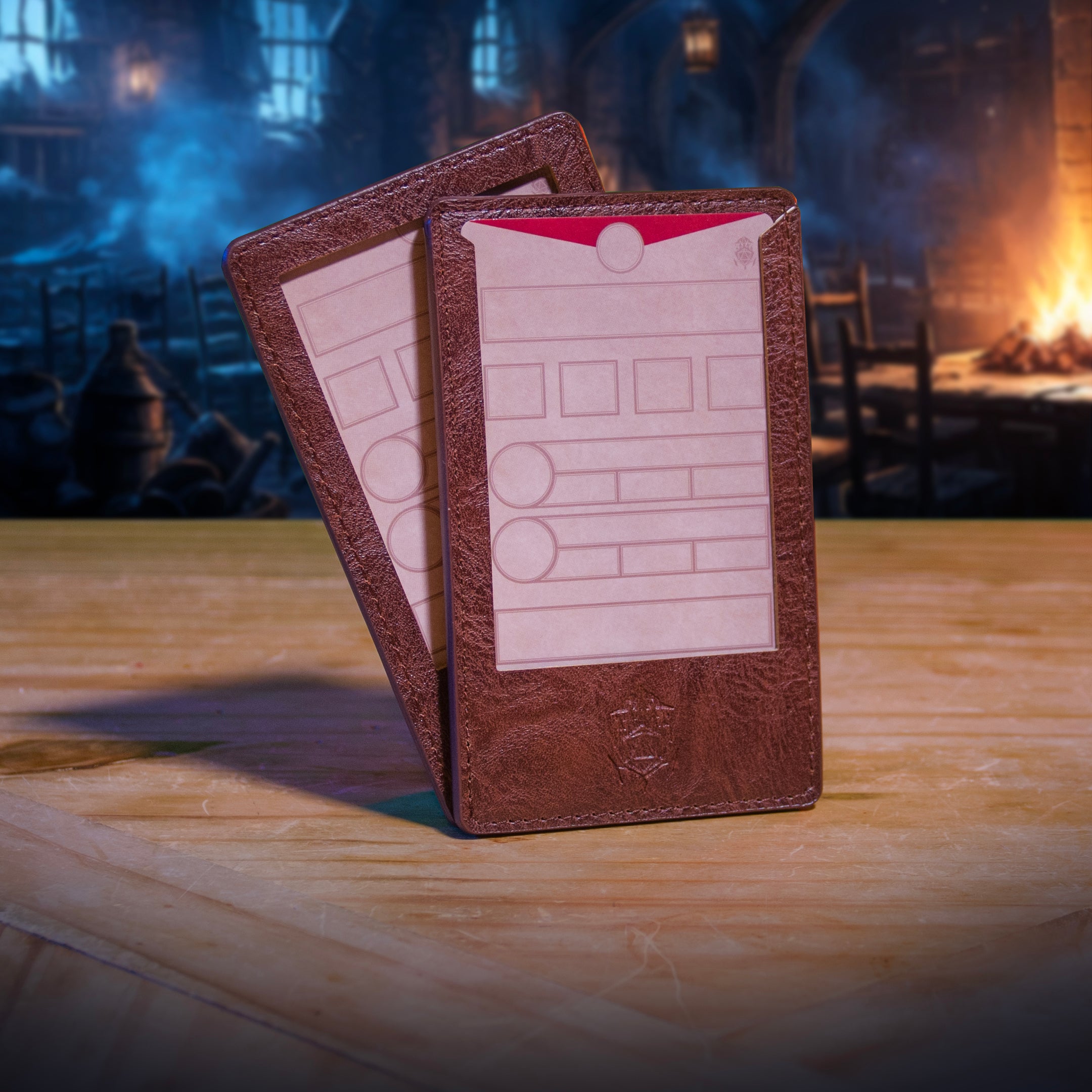 This is an environmental image of the brown version of the Ultimate Game Master Screen Creature Tracker Set displayed on a table.