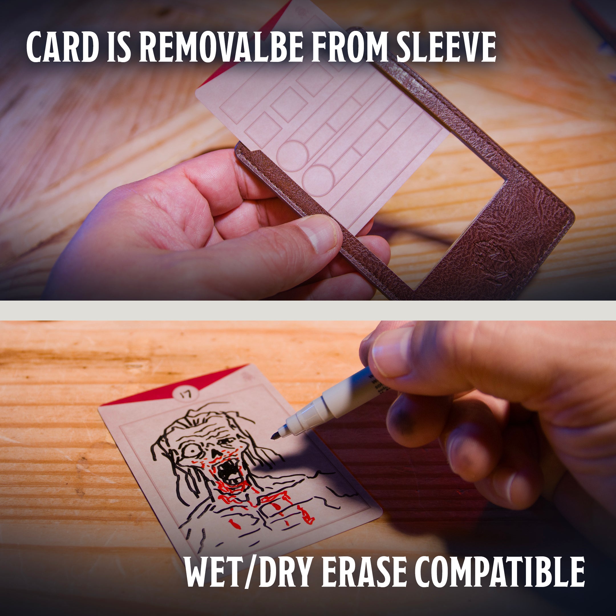 This is an informational image of of the Ultimate Game Master Screen Creature Tracker Set highlighting that the cards are removable and wet/dry erase.