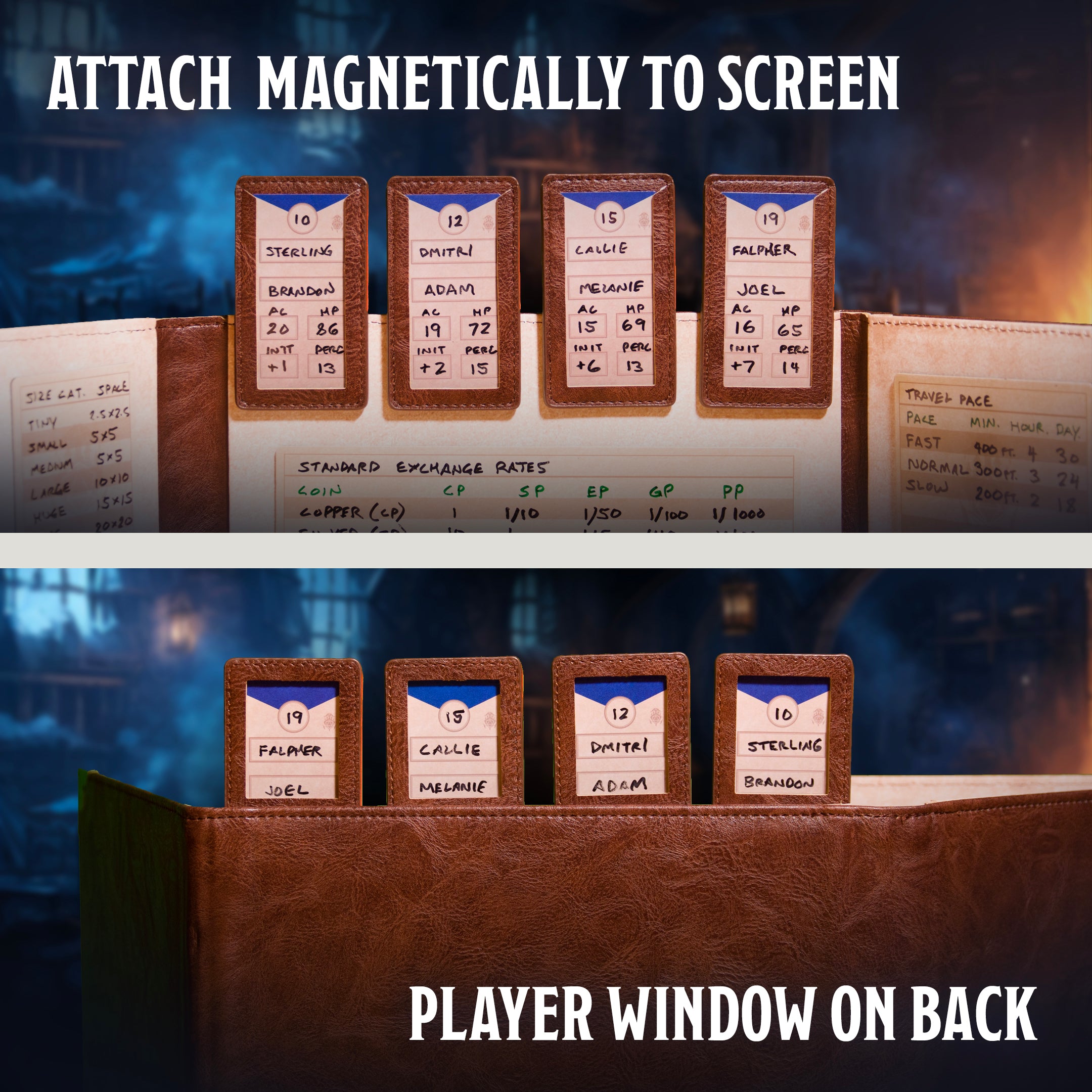 This is an informational image of the Ultimate Game Master Screen Initiative Tracker Set highlighting its functionality with the screen.