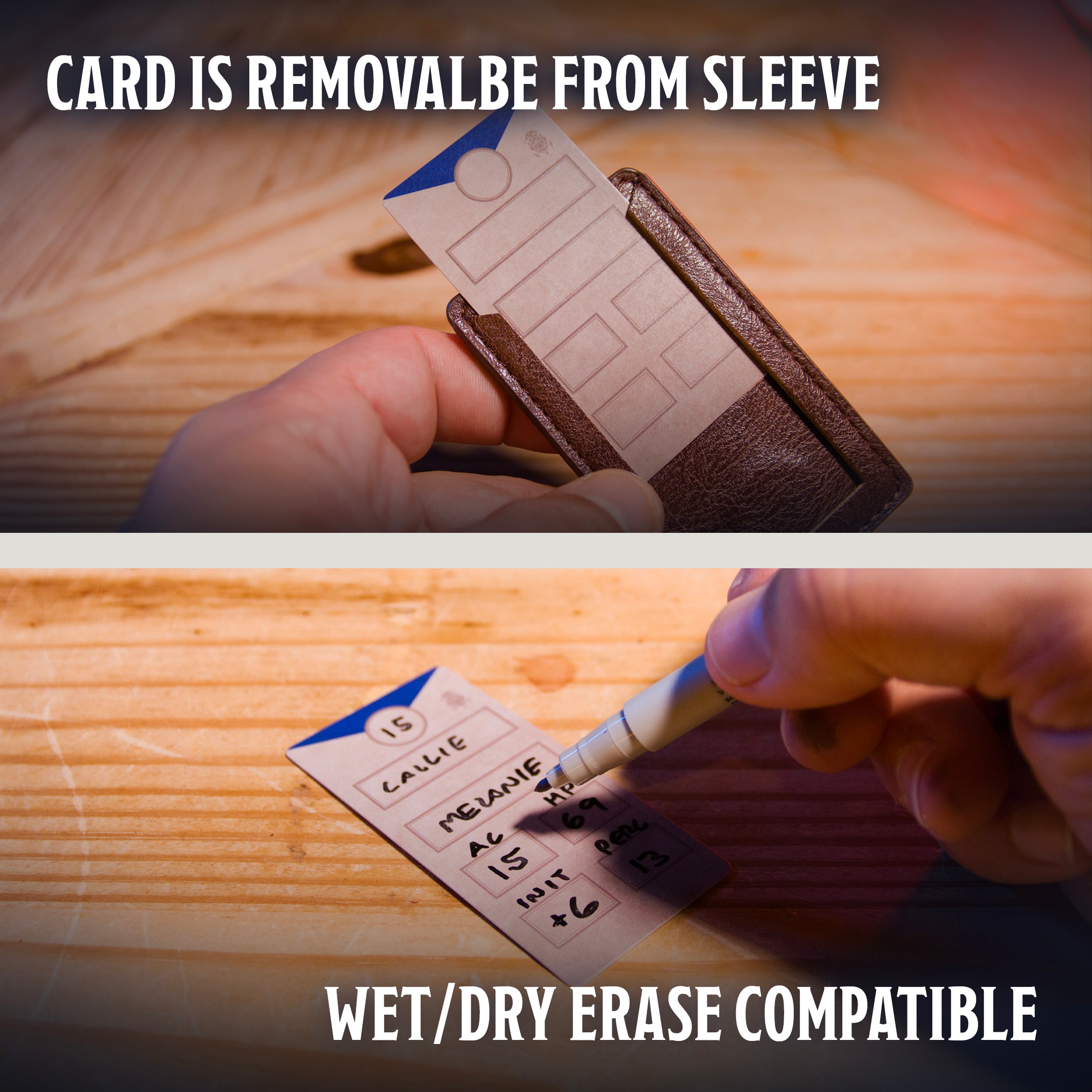 This is an informational image of the Ultimate Game Master Screen Initiative Tracker Set demonstrating that the cards are removable and we/dry erase.