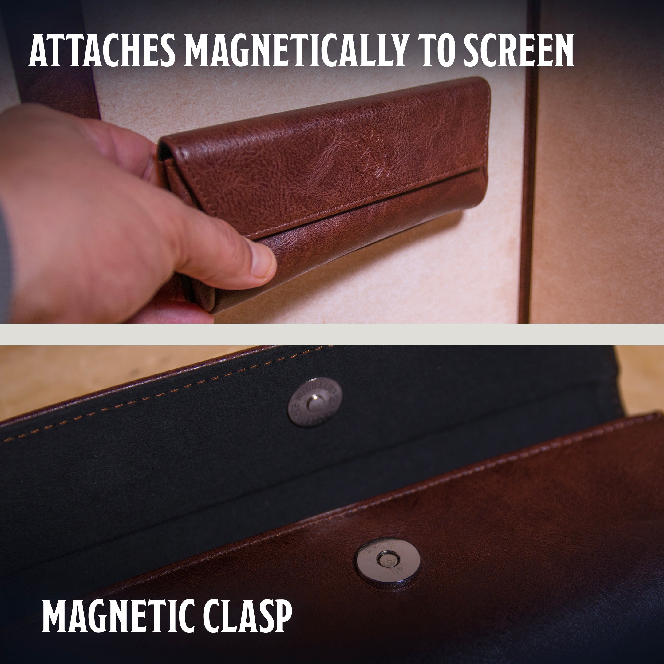 This is an informational image of he brown version of the Ultimate Game Master Screen Large Pouch highlighting its magnetic clasp and attachment to the screen.