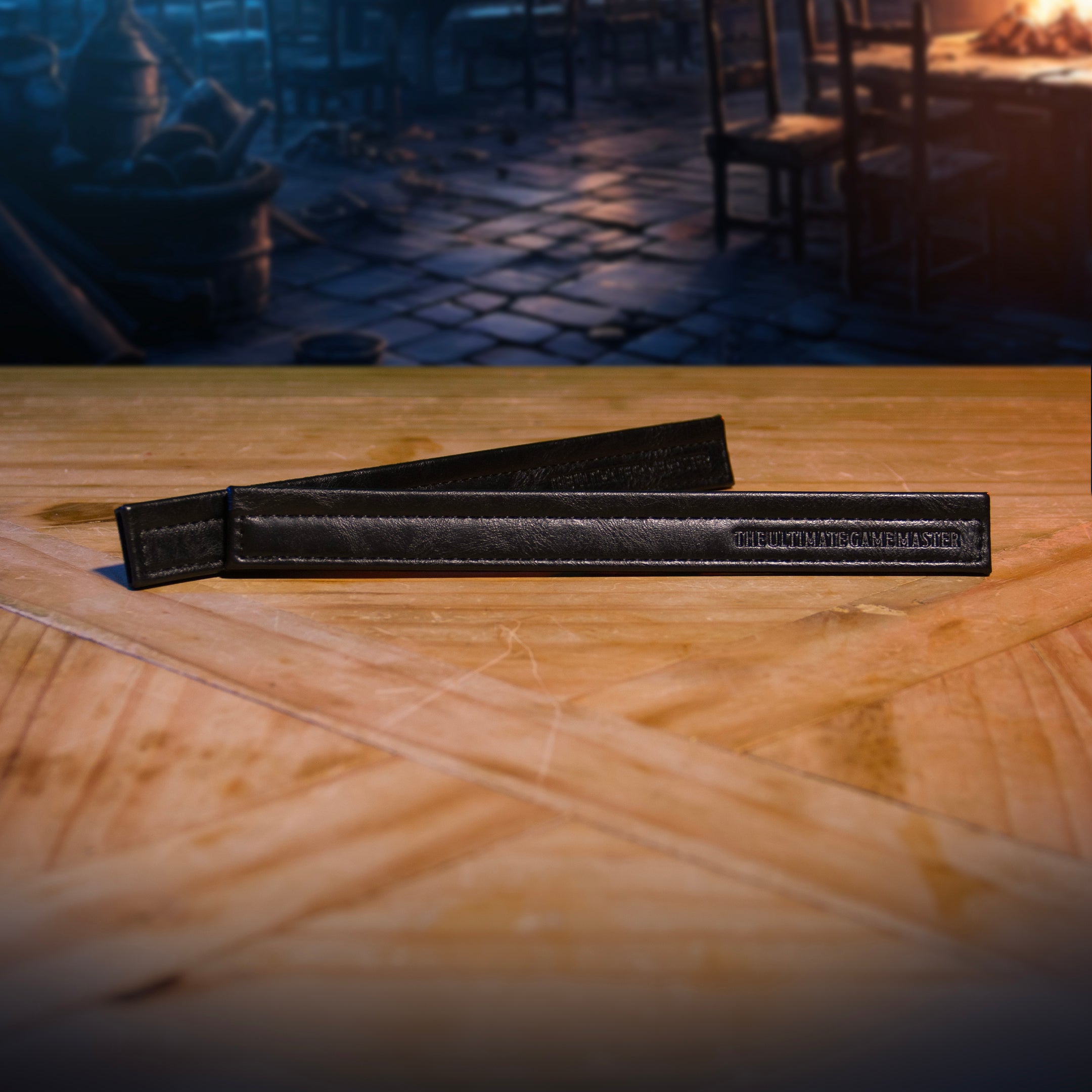 This is an environmental photo of the black version of Ultimate Game Master Screen Mag Bar Pack displayed on a table.