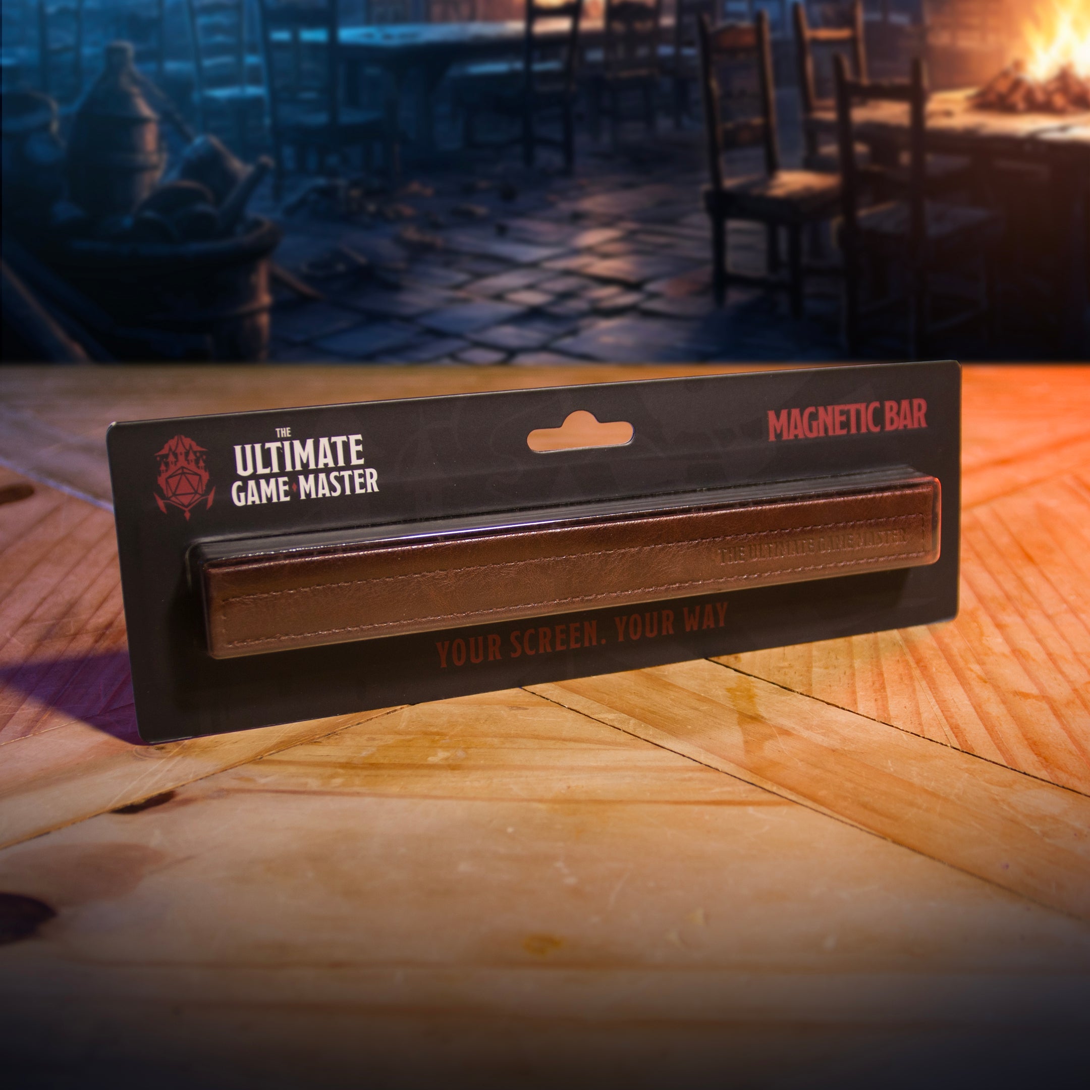 This is an environmental photo of the Ultimate Game Master Screen Mag Bar Pack in retail packaging.