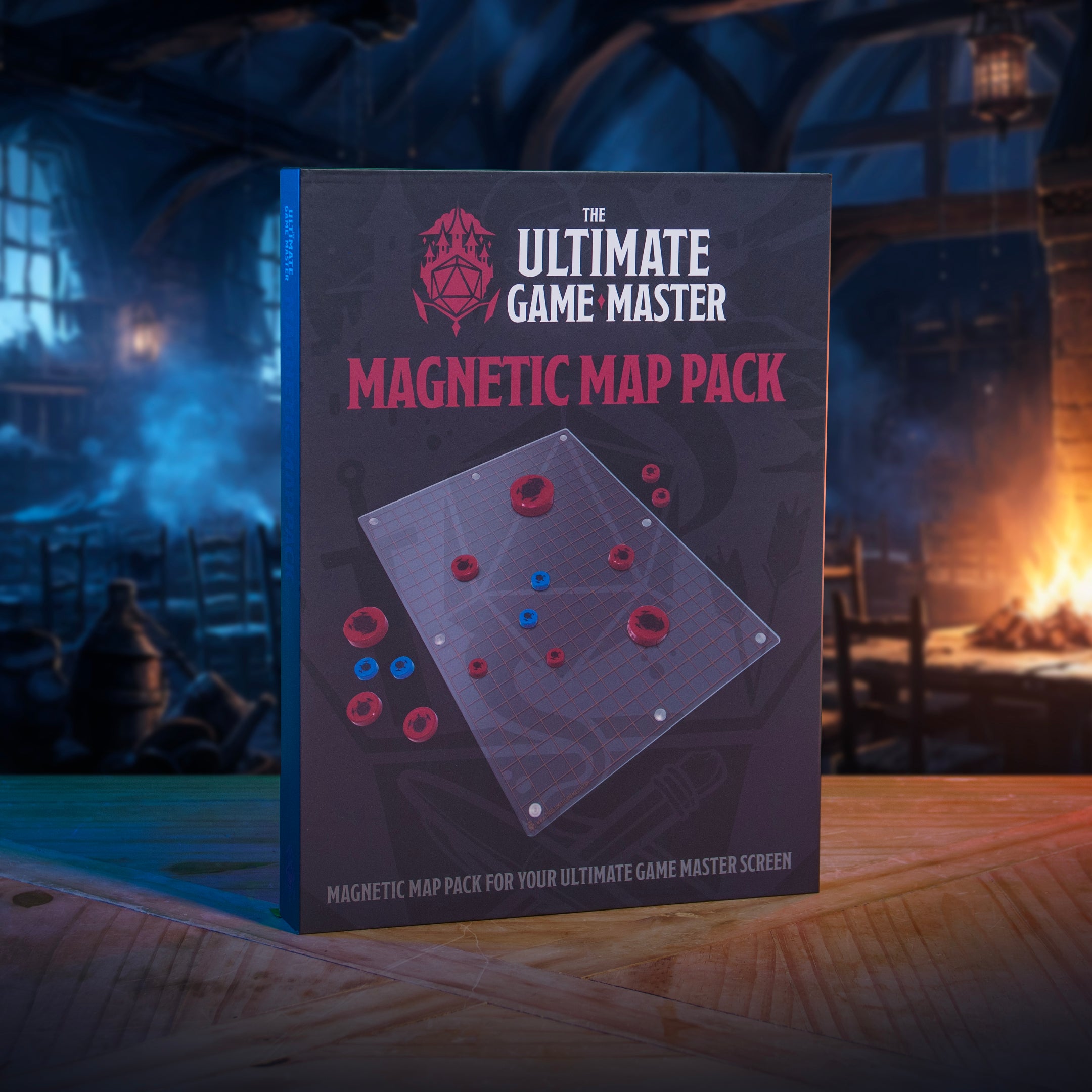 This is an environmental image of the Ultimate Game Master Screen Map Pack in retail packaging displayed on a table.