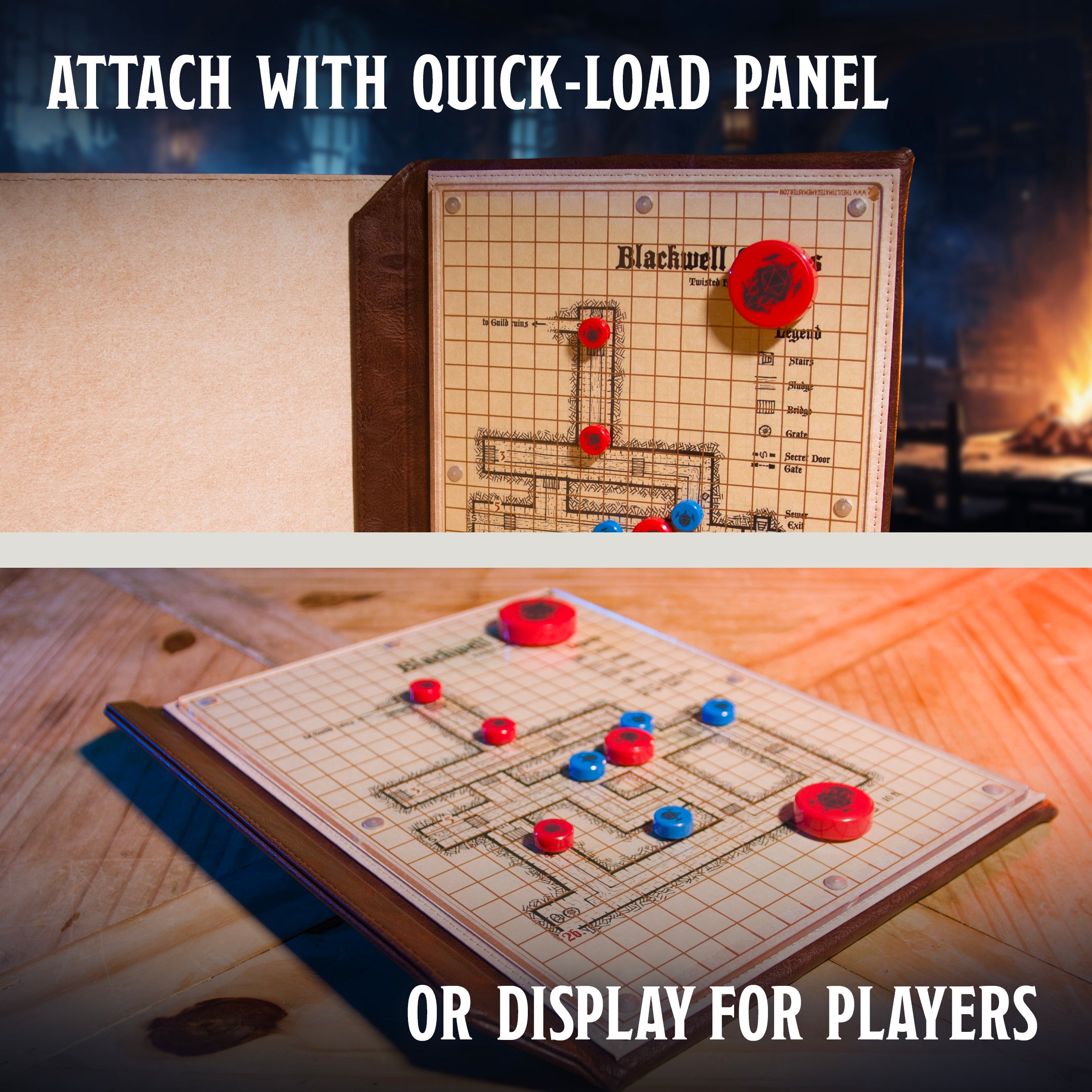 This is an informational image of the Ultimate Game Master Screen Map Pack demonstrating its use with the Quick -Load Panel.