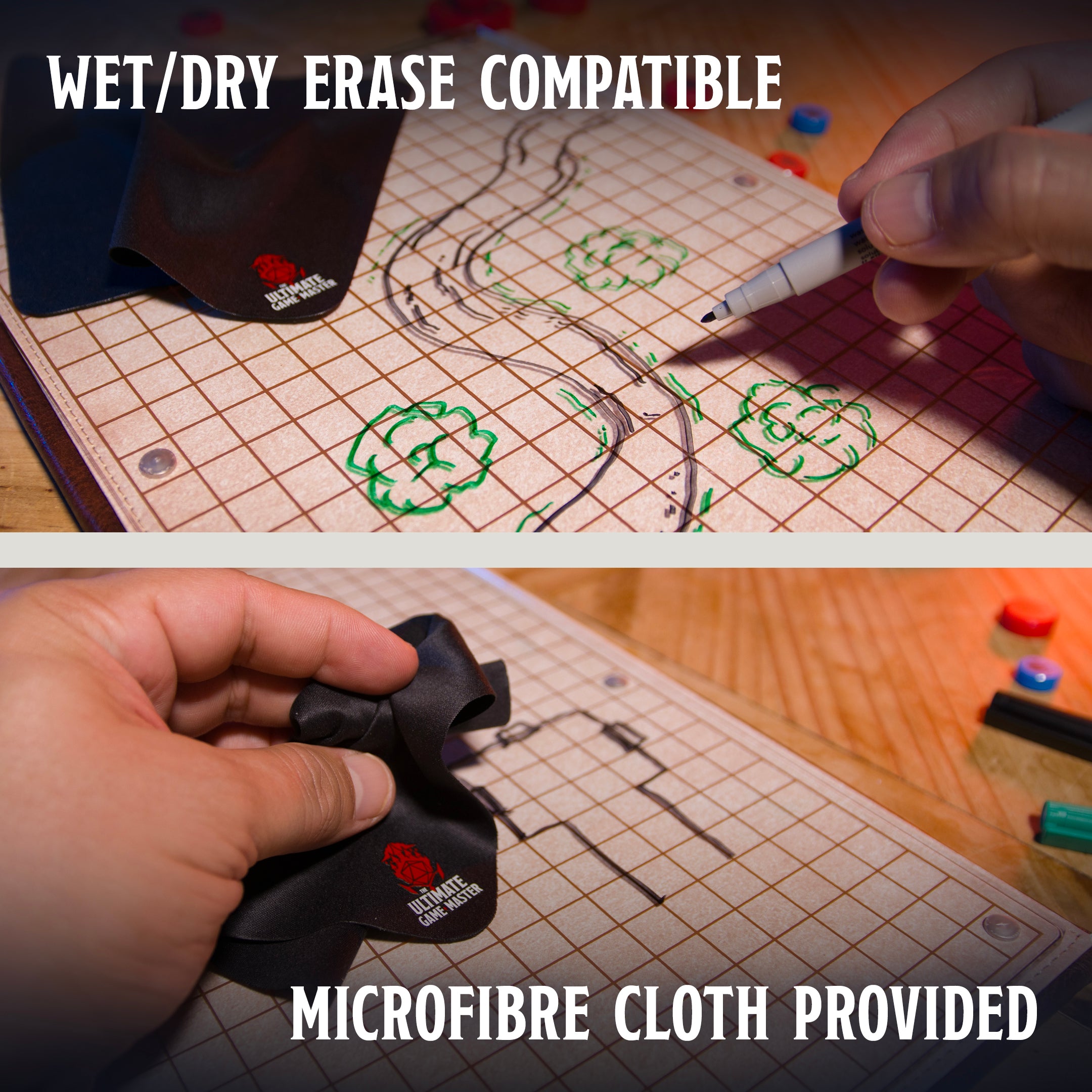 This is an environmental image of the Ultimate Game Master Screen Map Pack highlighting the wet/dry erase characteristics and the included microfiber cloth.