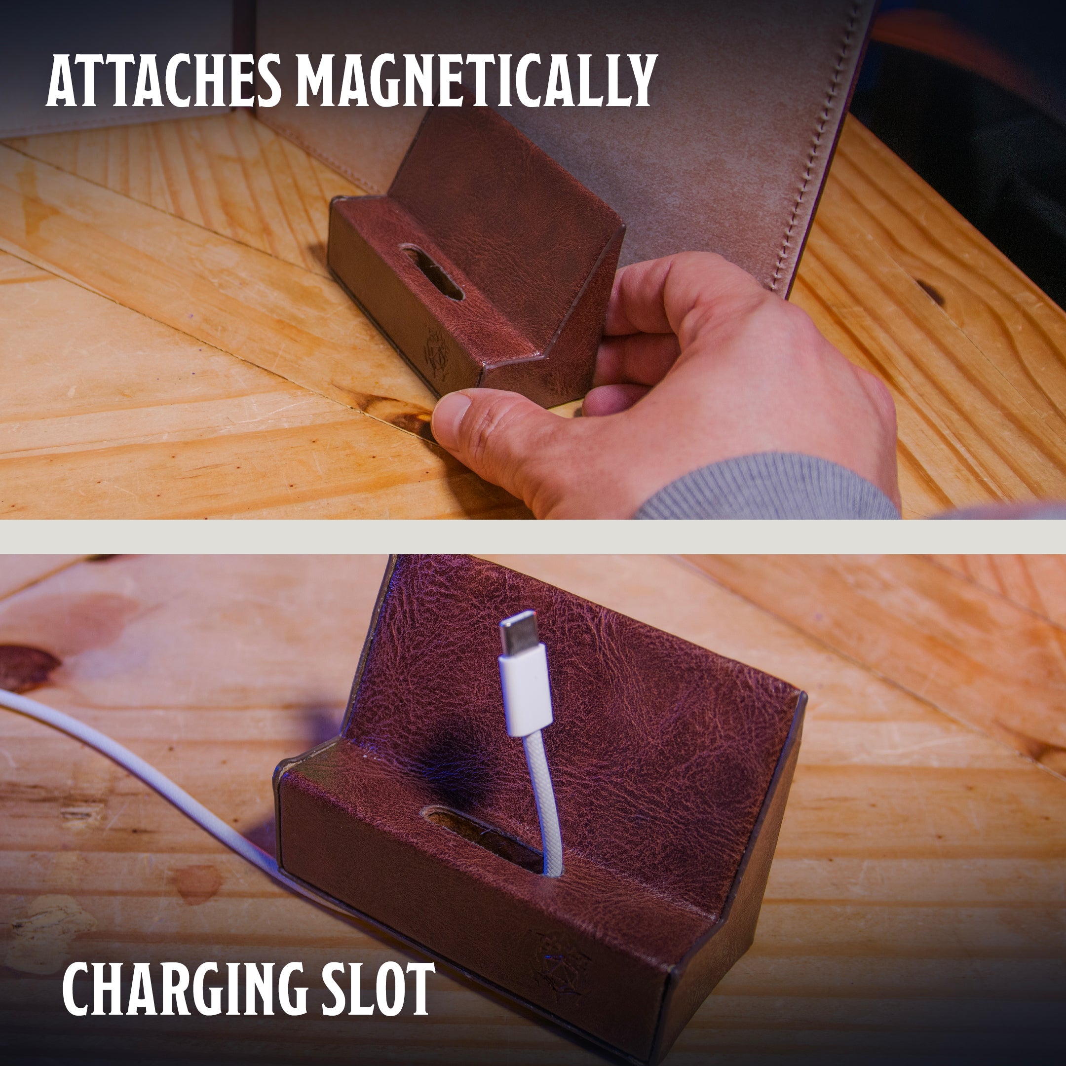 This is an informational image of the brown version Ultimate Game Master Screen Phone Holder highlighting its funtionality.