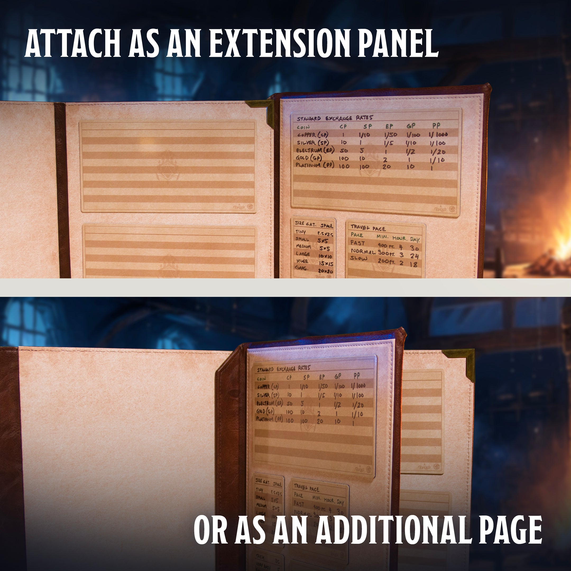 This is an informational image of  the Ultimate Game Master Screen Quick-Load Panel highlighting its functionality as an extension or additional page for the screen.