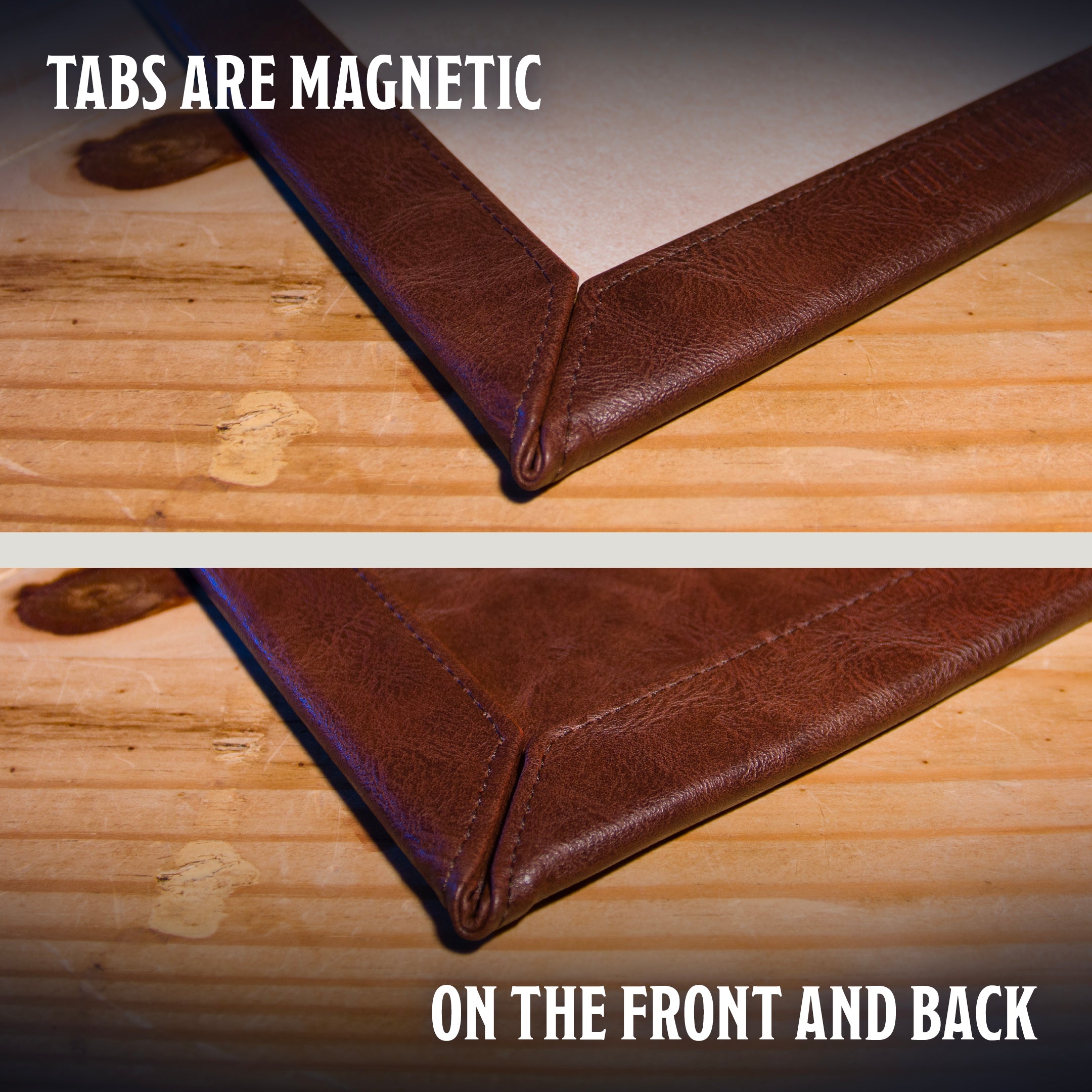 This is an informational image of  the Ultimate Game Master Screen Quick-Load Panel highlighting that it has magnets on its front and back.