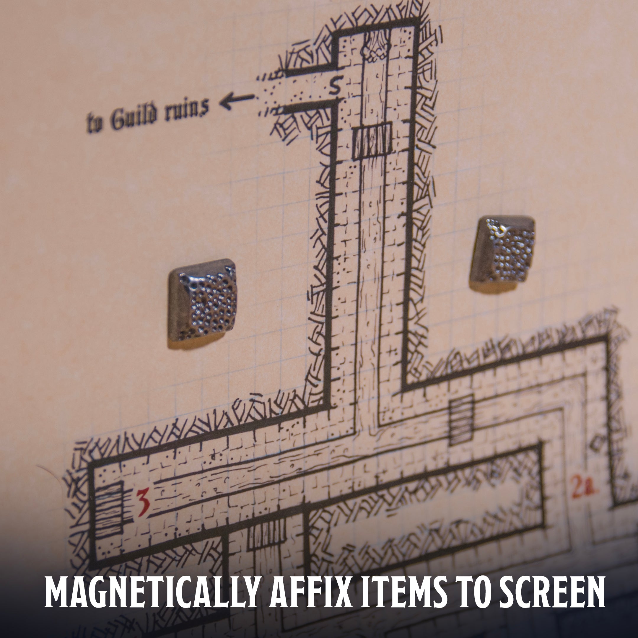 Environmental photo of  the Ultimate Game Master Screen Rivet Magnets demonstrating their use on the screen.