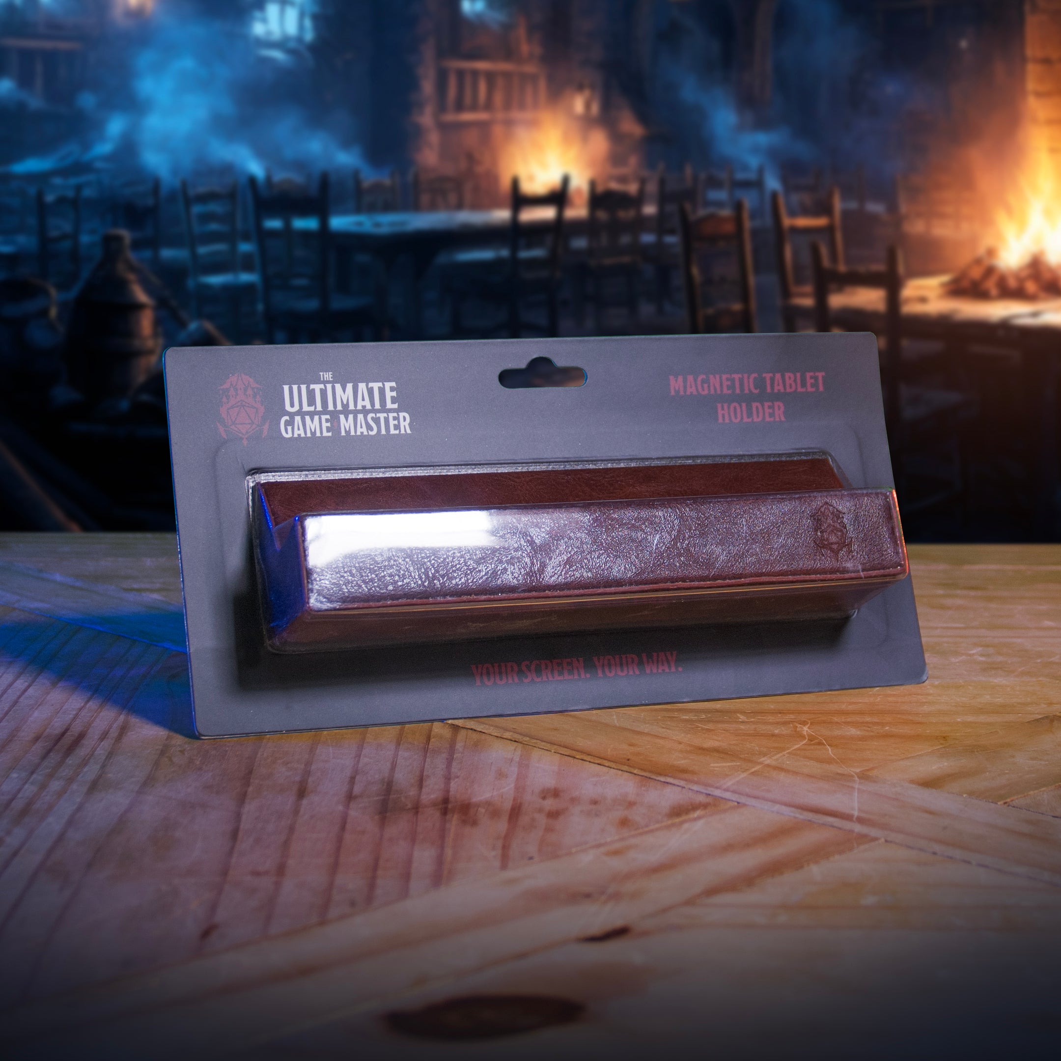 This is an environmental image of the brown version of the Ultimate Game Master Screen Tablet Holder in retail packaging.