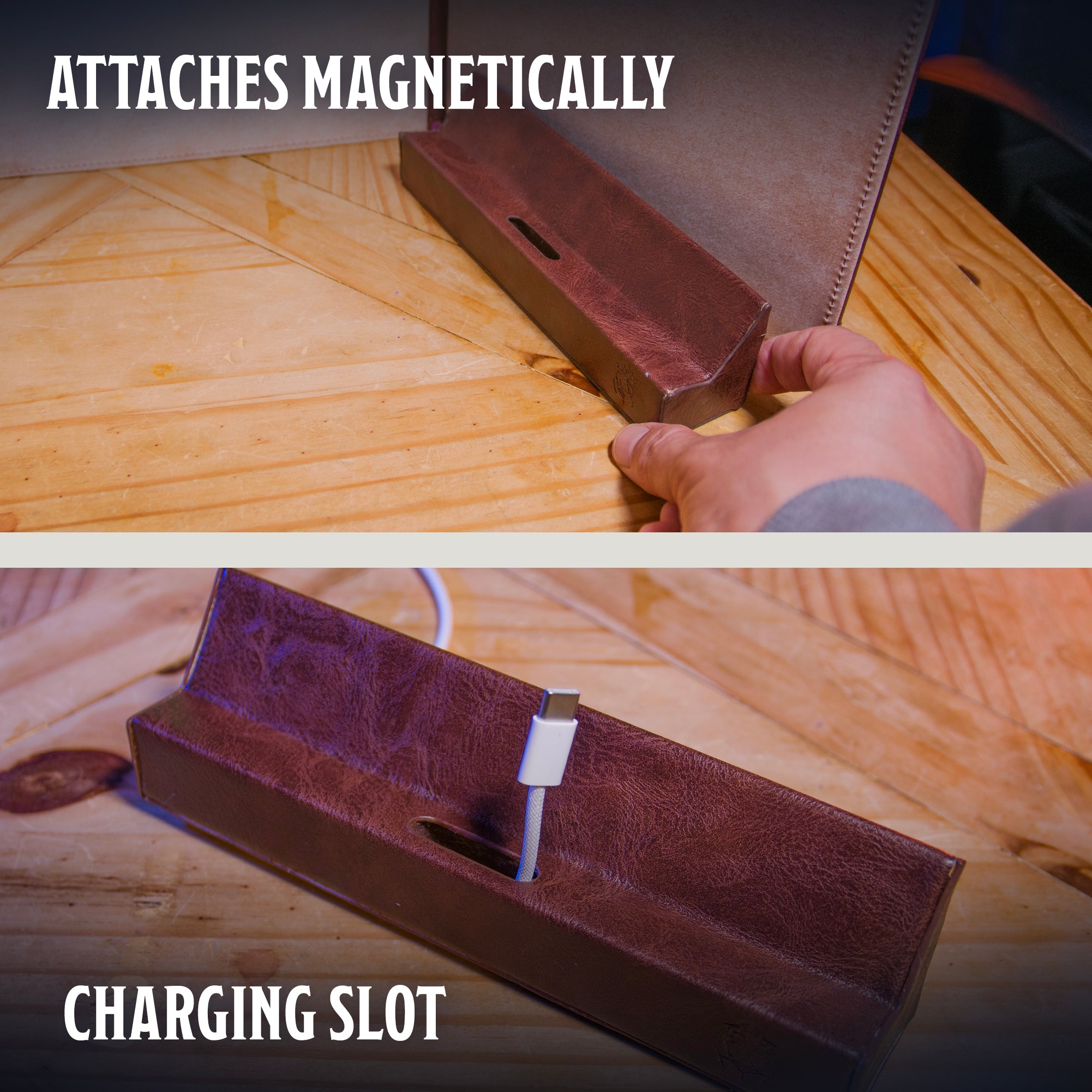 This is an informational image of the brown version of the Ultimate Game Master Screen Tablet Holder highlighting its functionality.