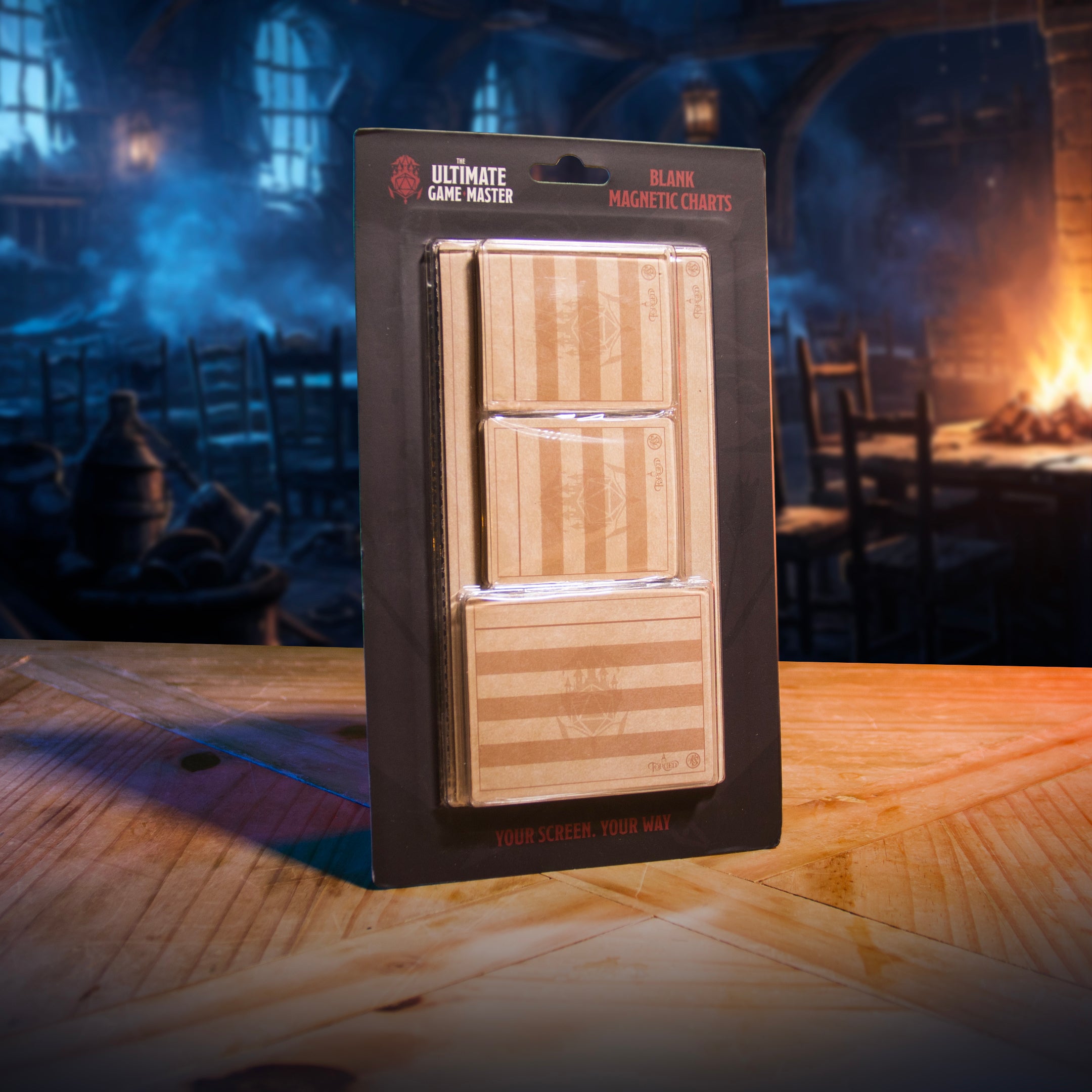 This is an environmental photo of the Ultimate Game Master Screen Blank Magnetic Charts Pack in retail packaging.