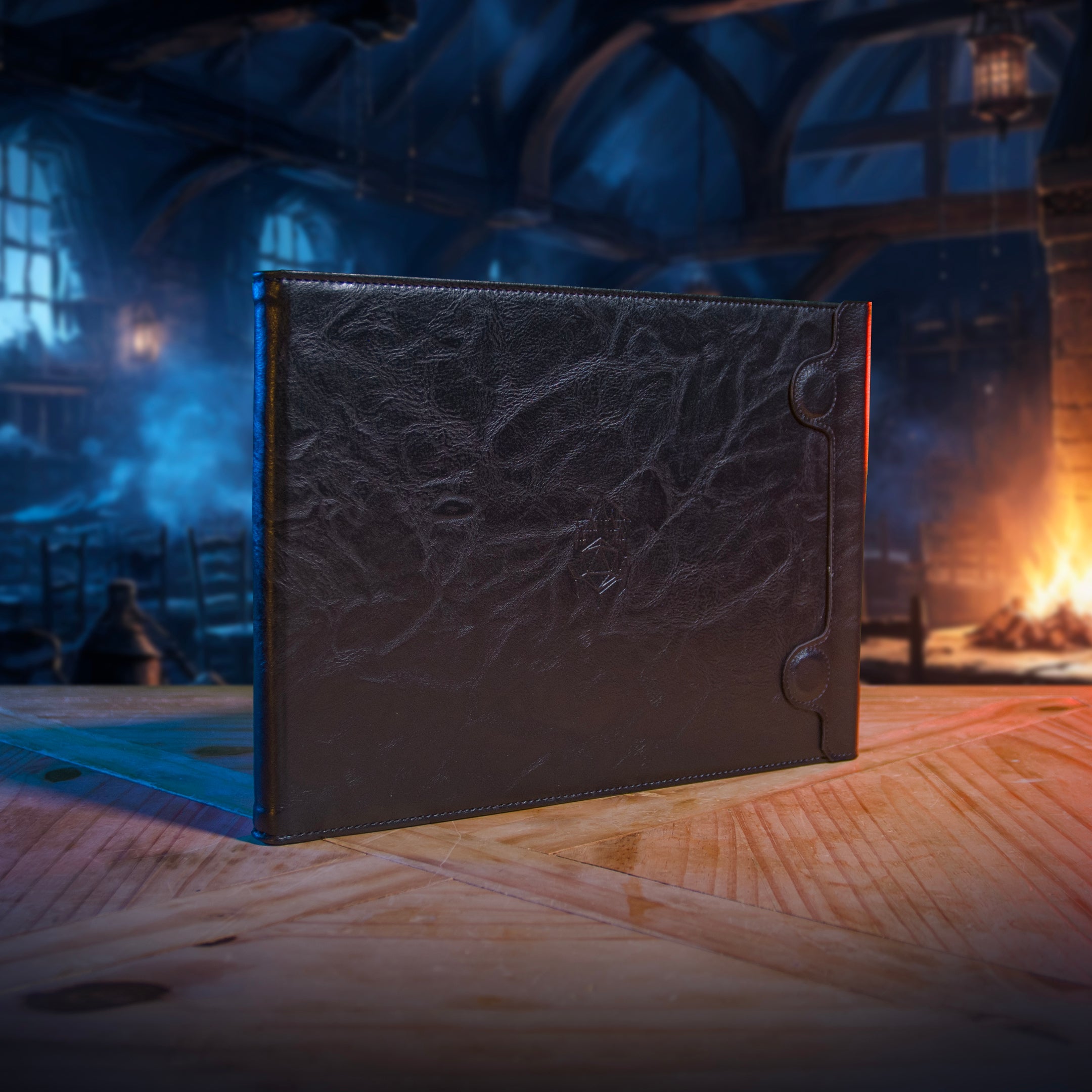 This is an environmental image of the Black Landscape version of the Ultimate Game Master Screen displayed on a table.
