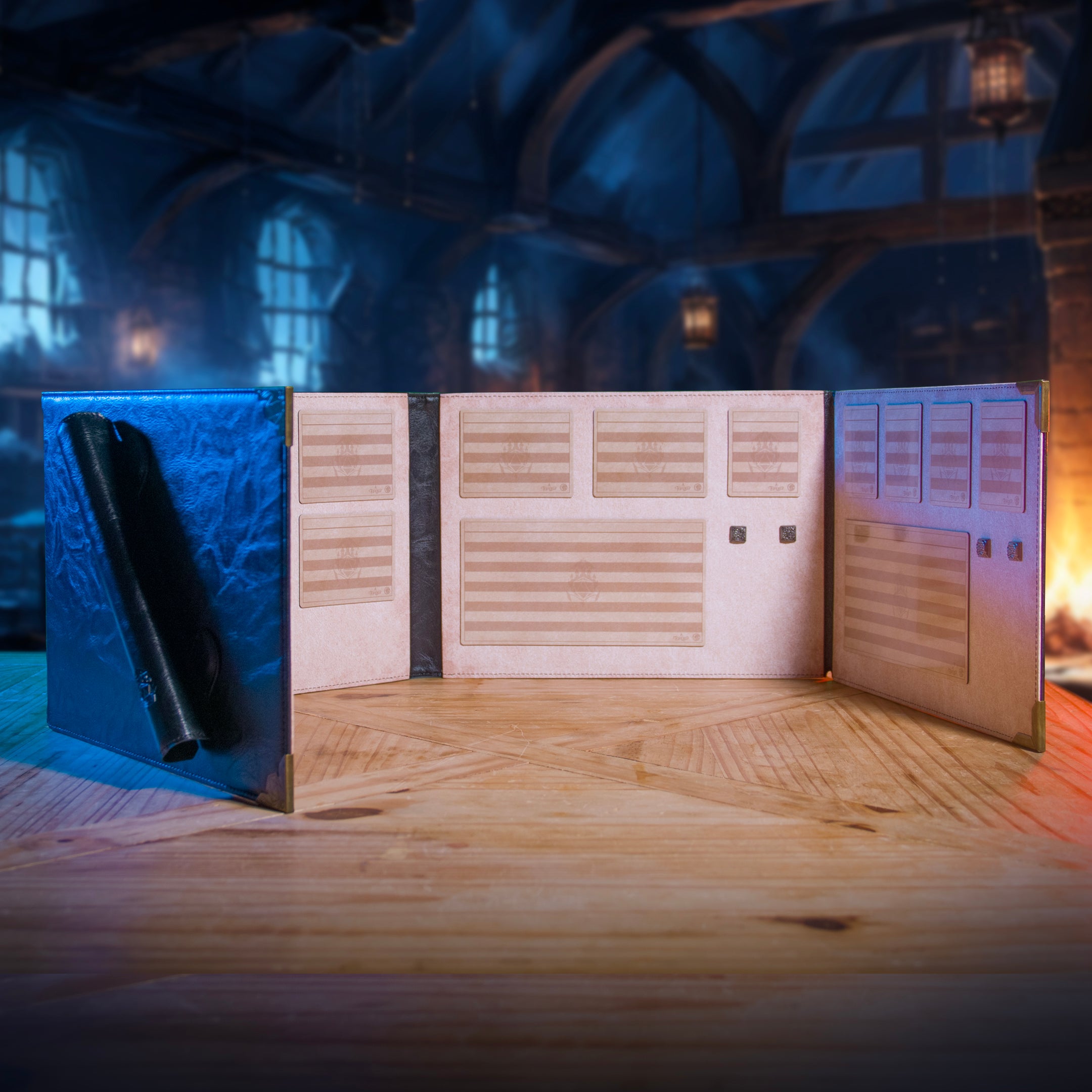 This is an environmental image of the Black Landscape version of the Ultimate Game Master Screen deployed with all contents in use.